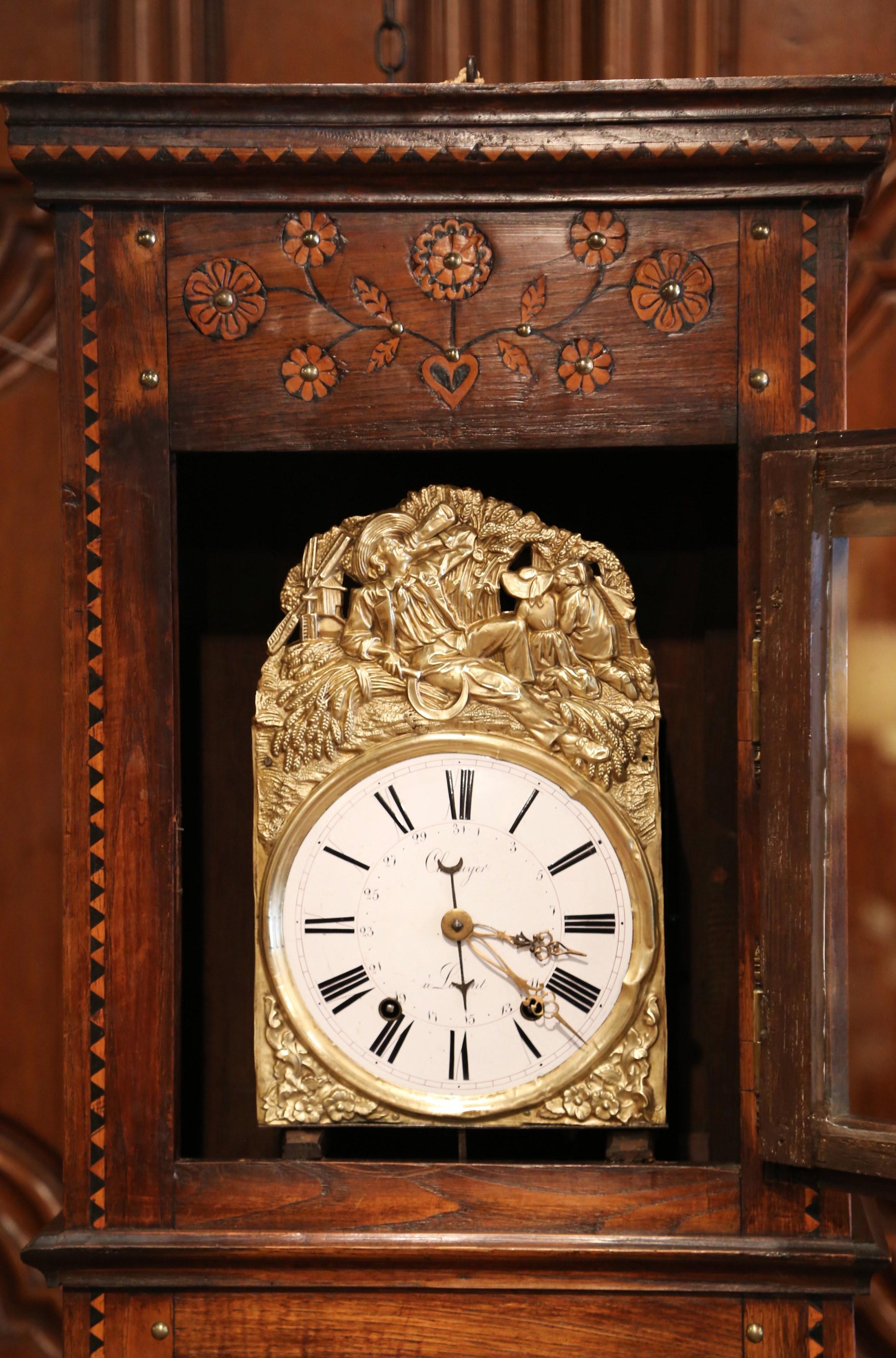 18th Century French Carved and Inlay Chestnut Grandfather Clock from Brittany 1