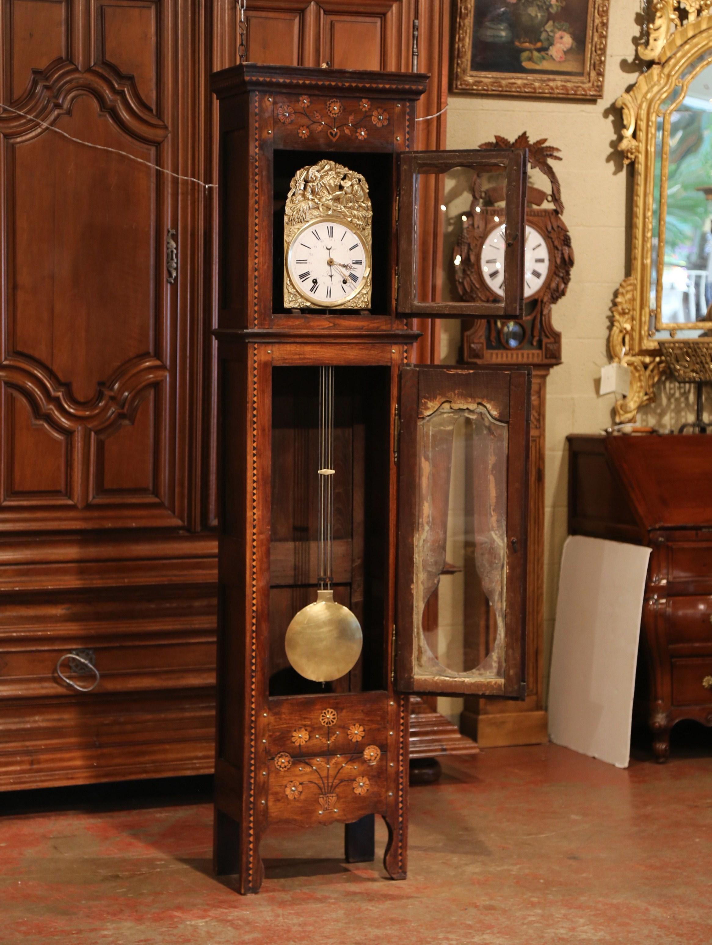 18th Century French Carved and Inlay Chestnut Grandfather Clock from Brittany 1