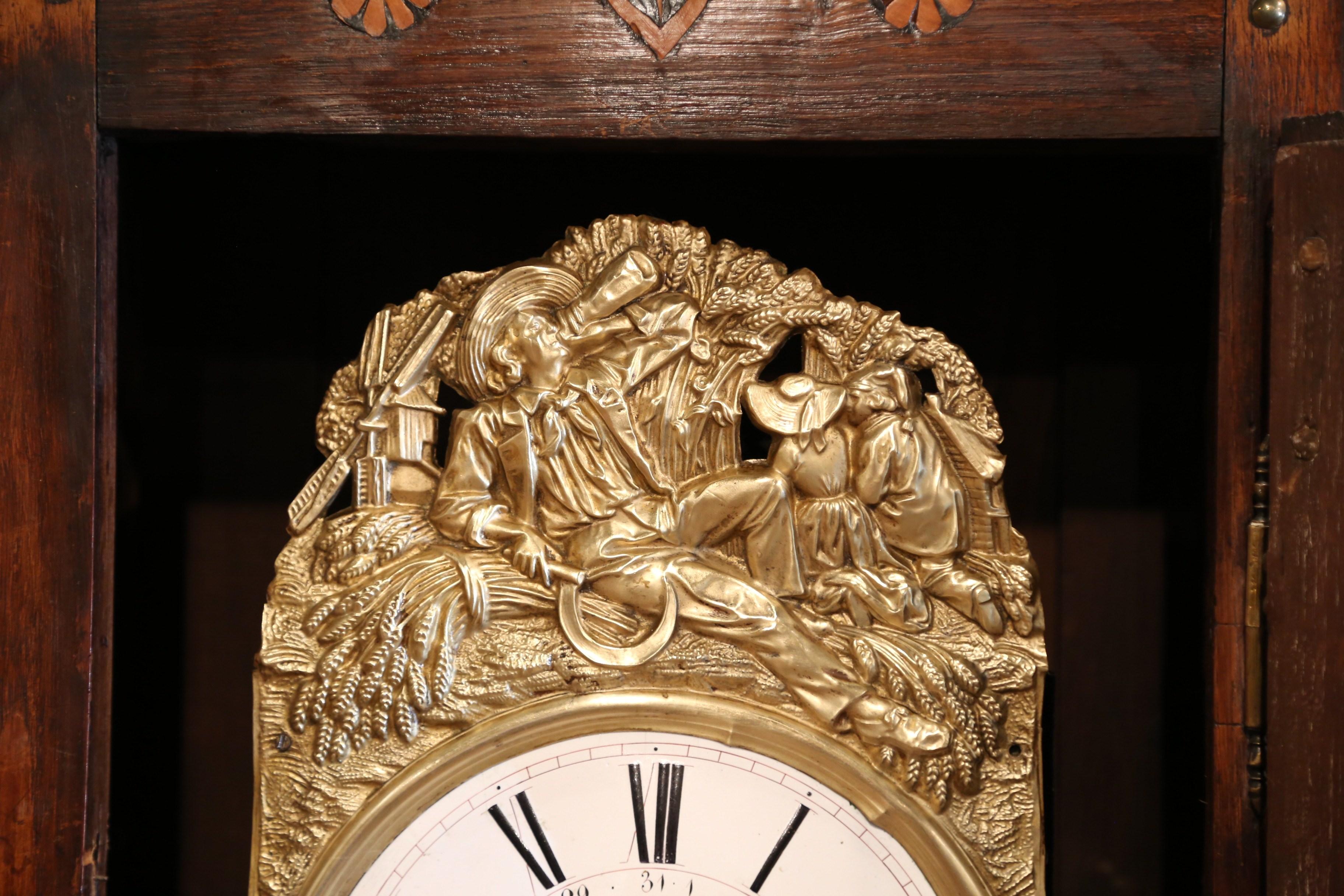 18th Century French Carved and Inlay Chestnut Grandfather Clock from Brittany 4