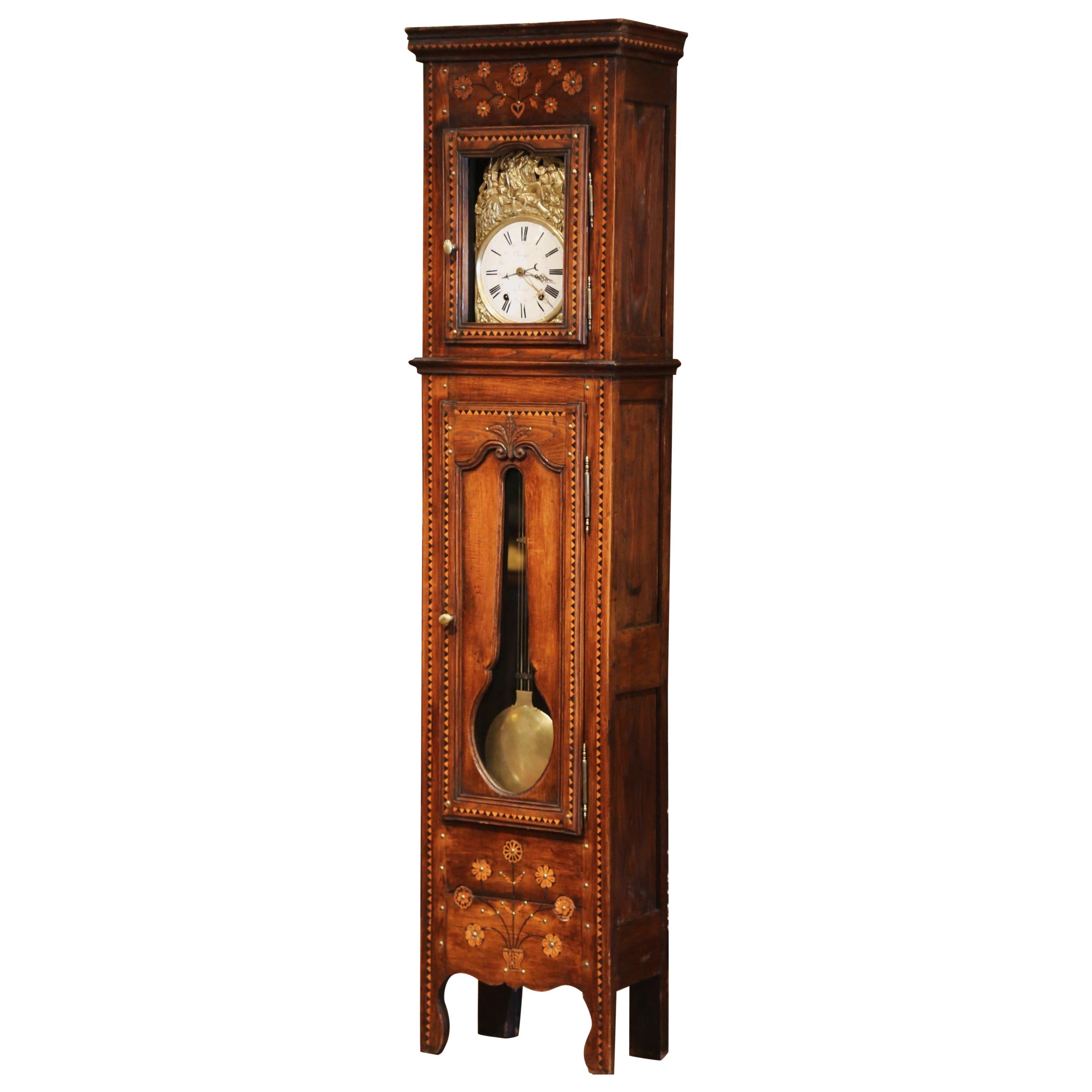 18th Century French Carved and Inlay Chestnut Grandfather Clock from Brittany