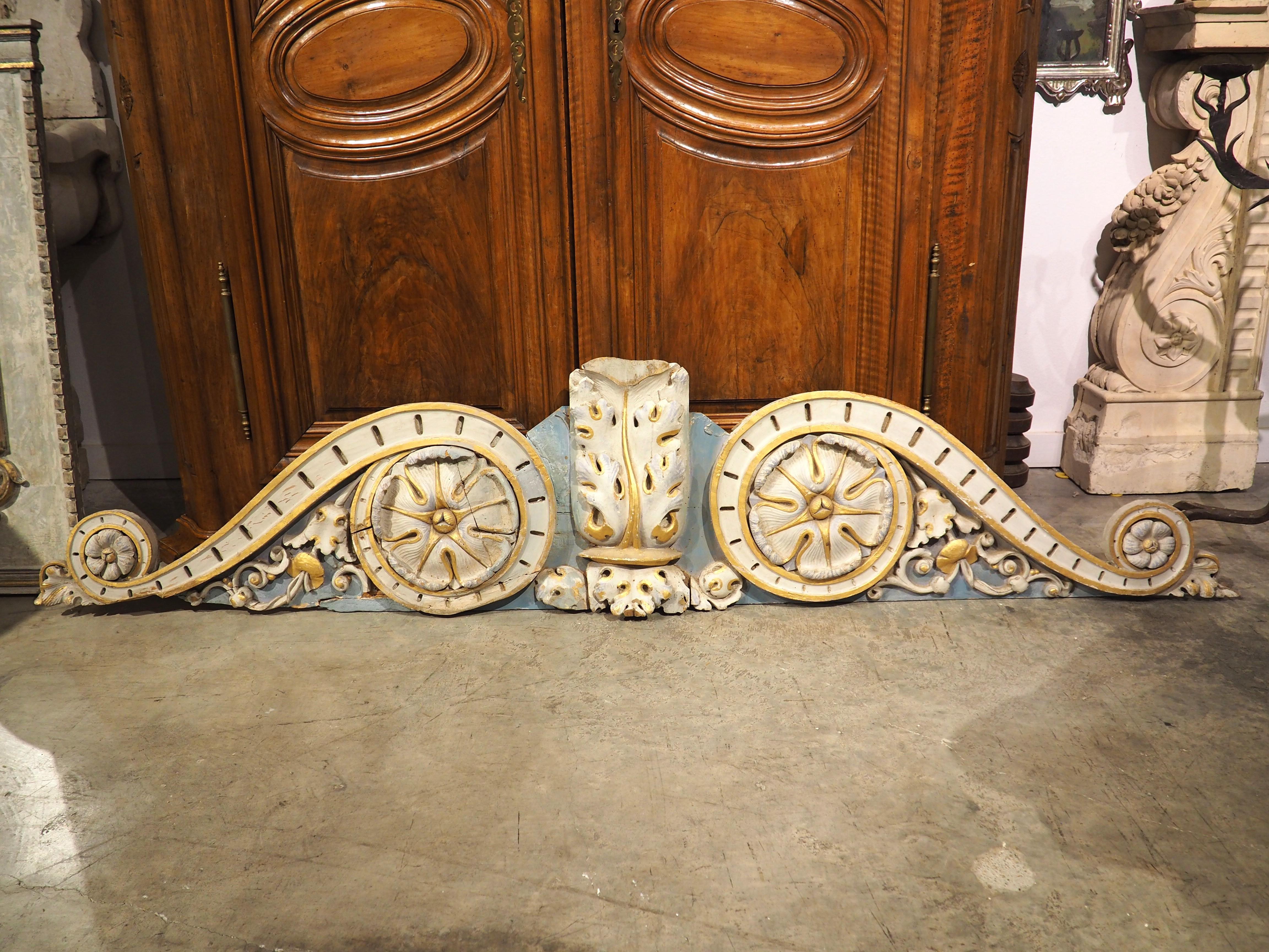 Hand-Carved 18th Century French Carved and Polychrome Overdoor, Length 93 Inches