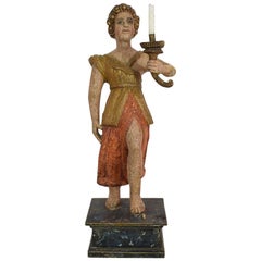 18th Century, French Carved Folk Art Wooden Angel with Candleholder