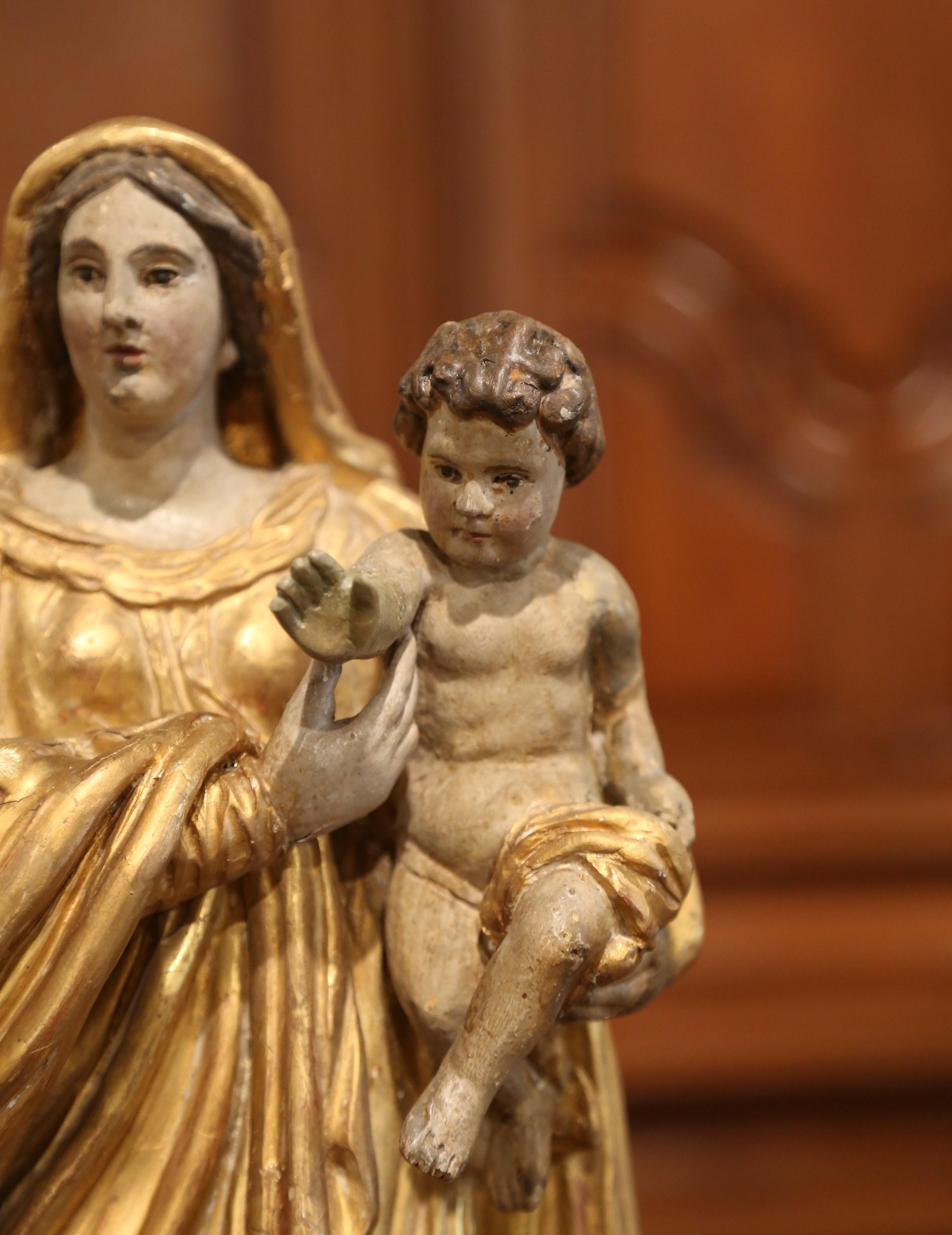 18th Century, French Carved Giltwood and Polychrome Statue of Mother and Child 1