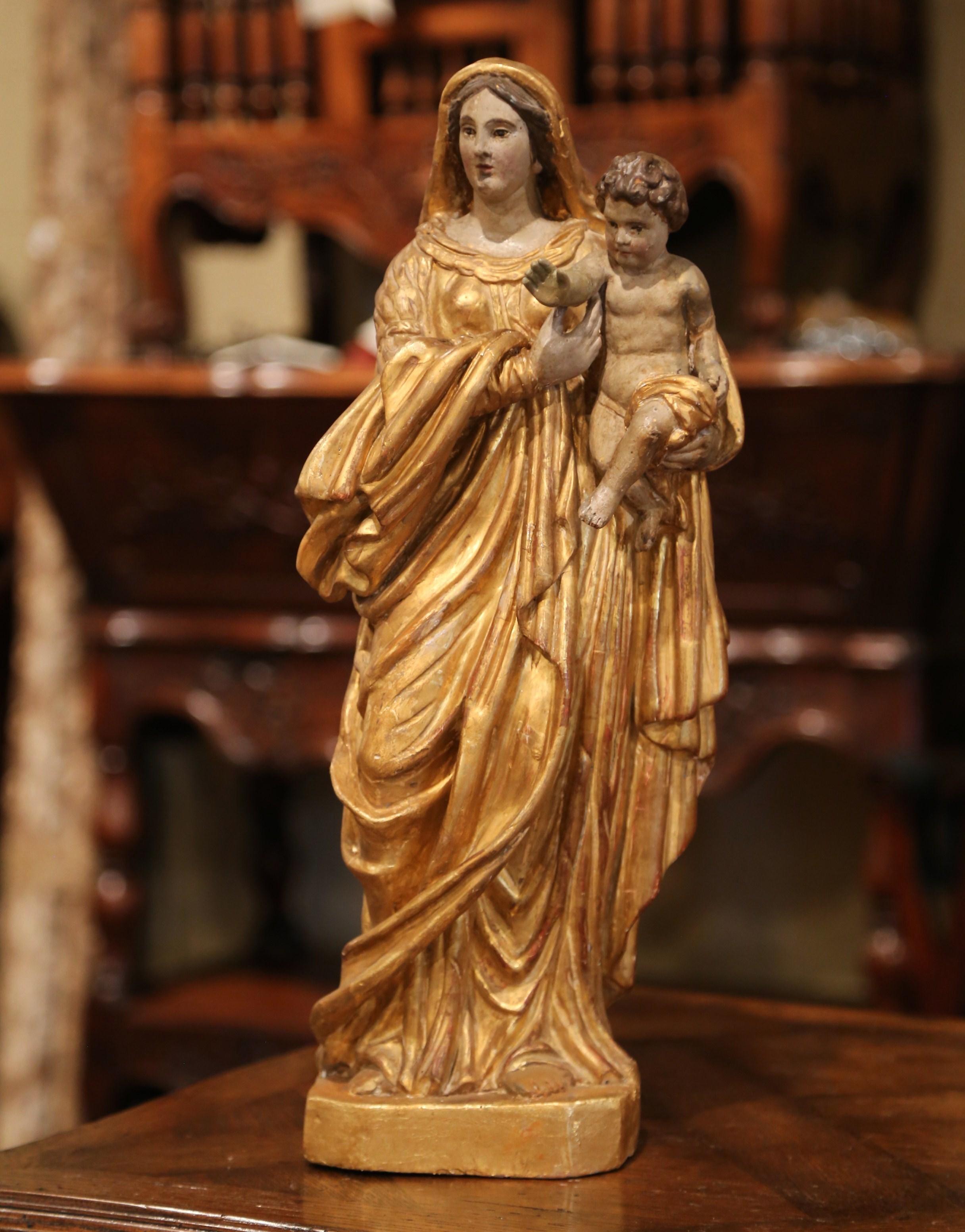 18th Century, French Carved Giltwood and Polychrome Statue of Mother and Child 2