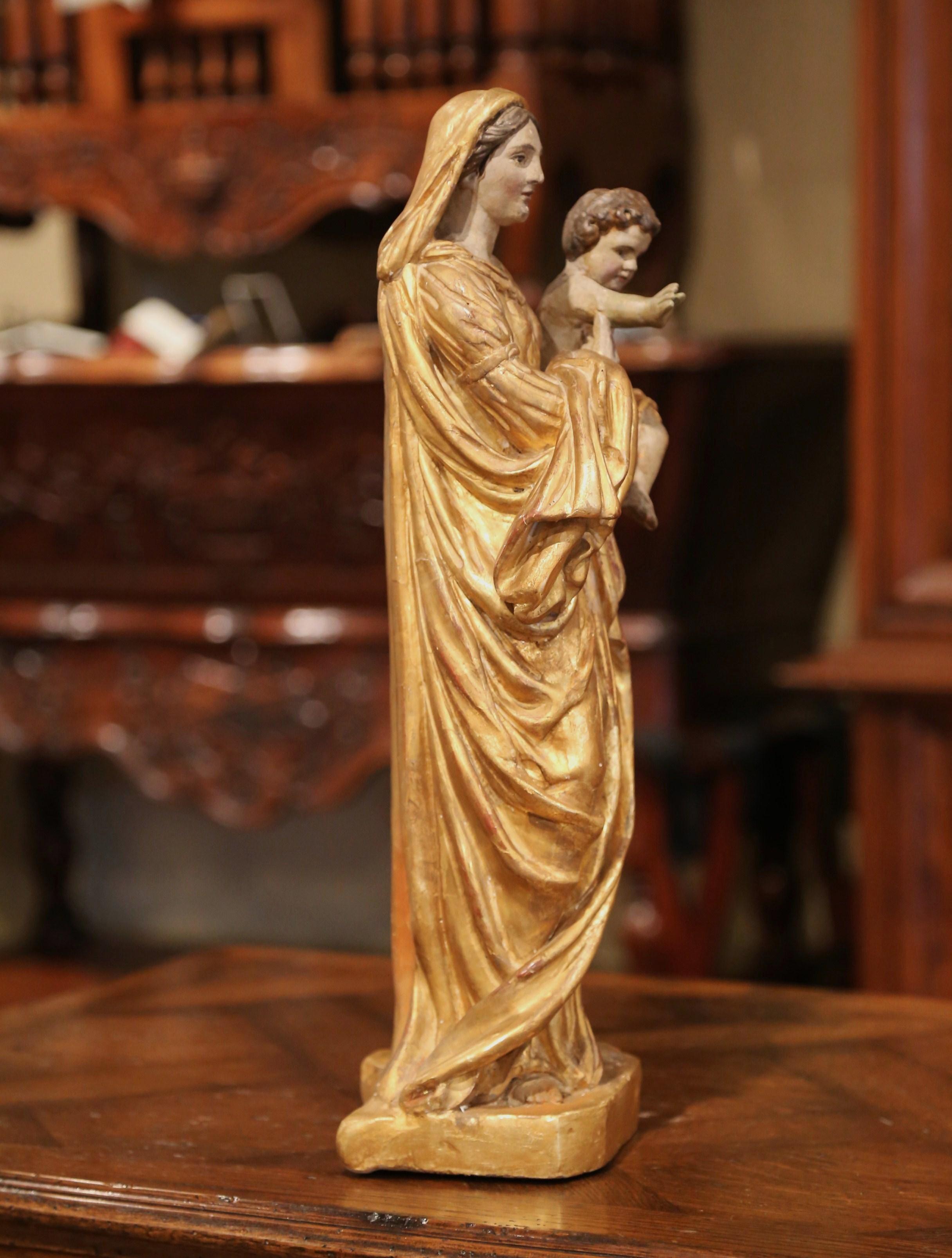 18th Century, French Carved Giltwood and Polychrome Statue of Mother and Child 3