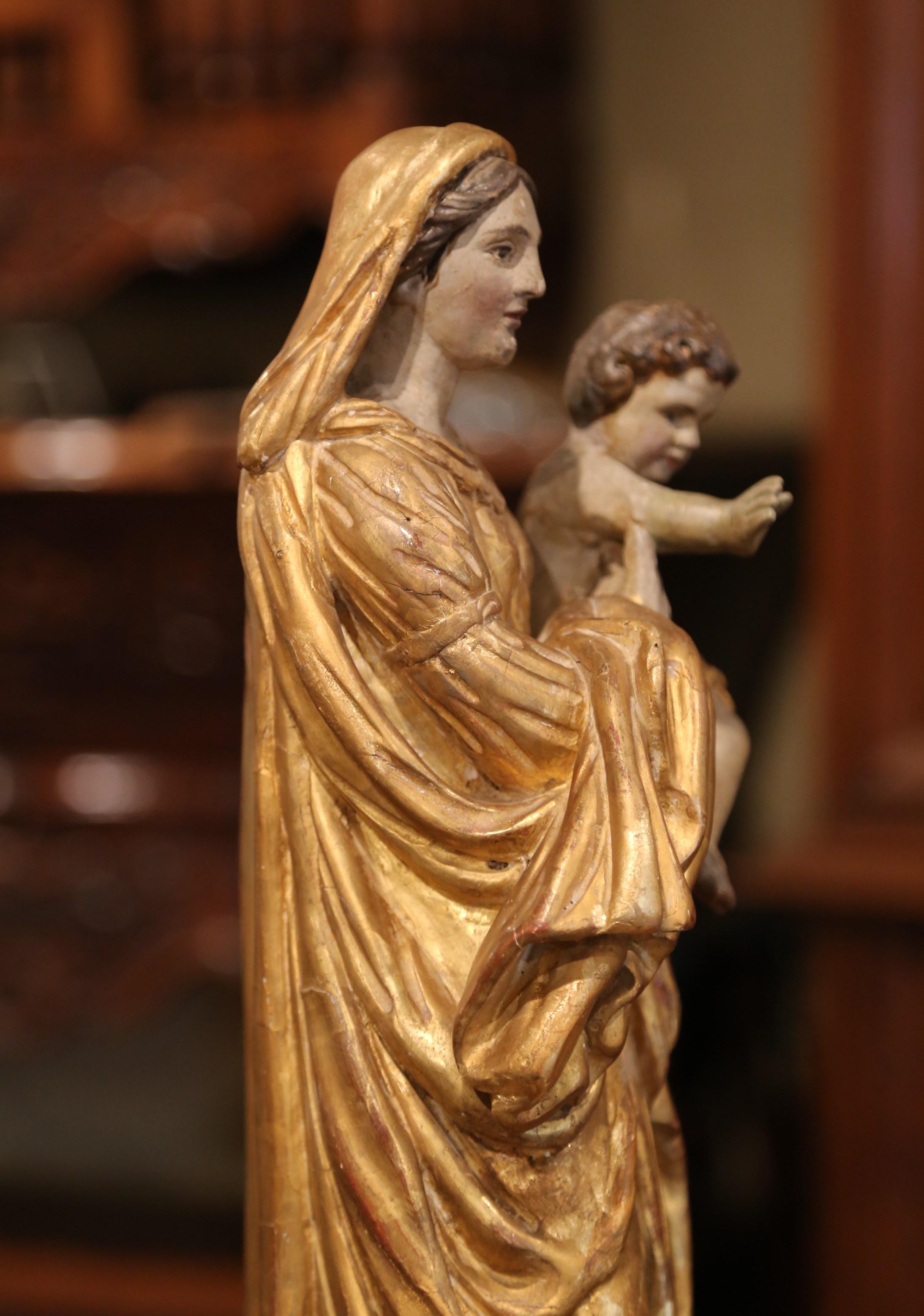18th Century, French Carved Giltwood and Polychrome Statue of Mother and Child 4