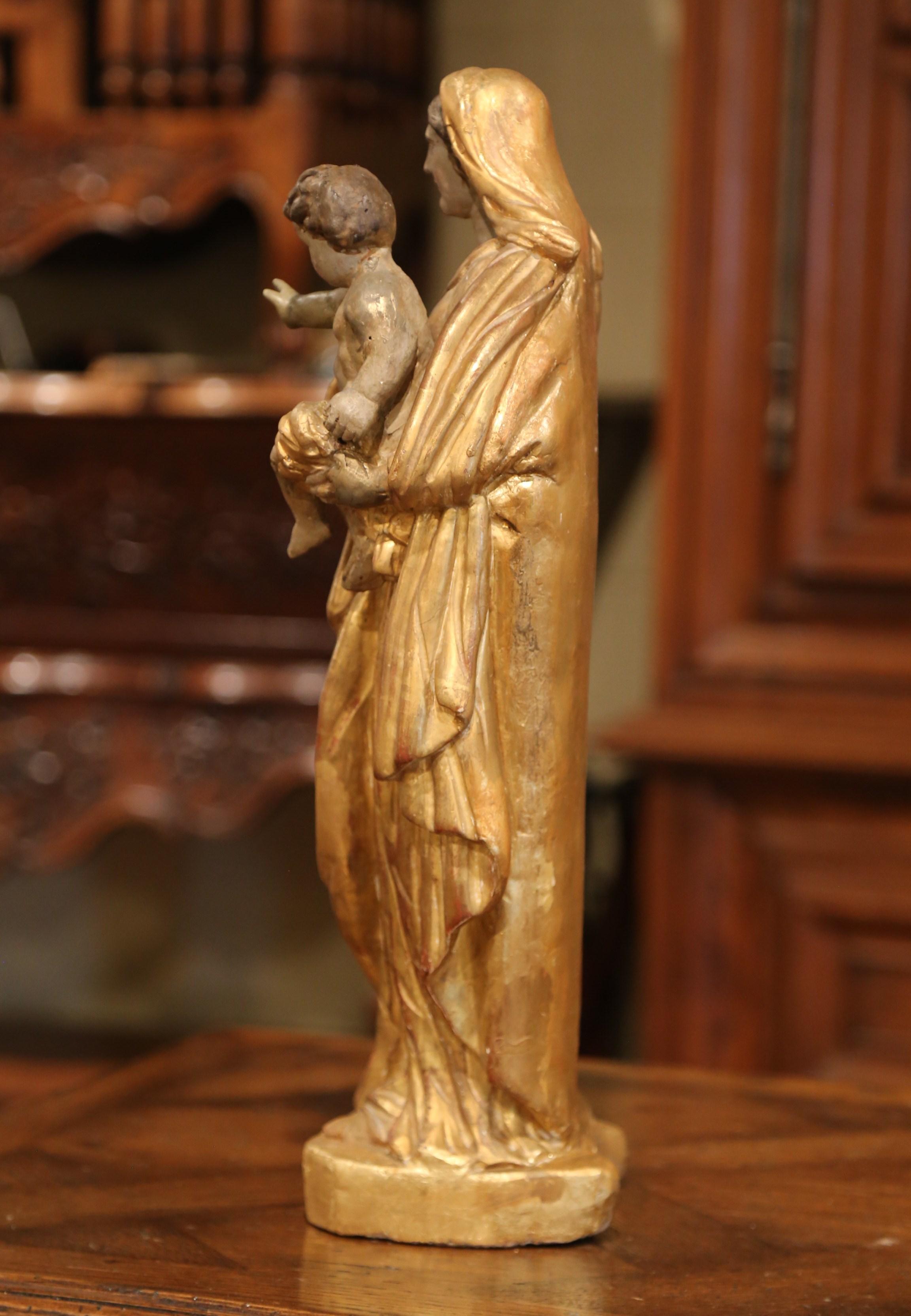 18th Century, French Carved Giltwood and Polychrome Statue of Mother and Child 5