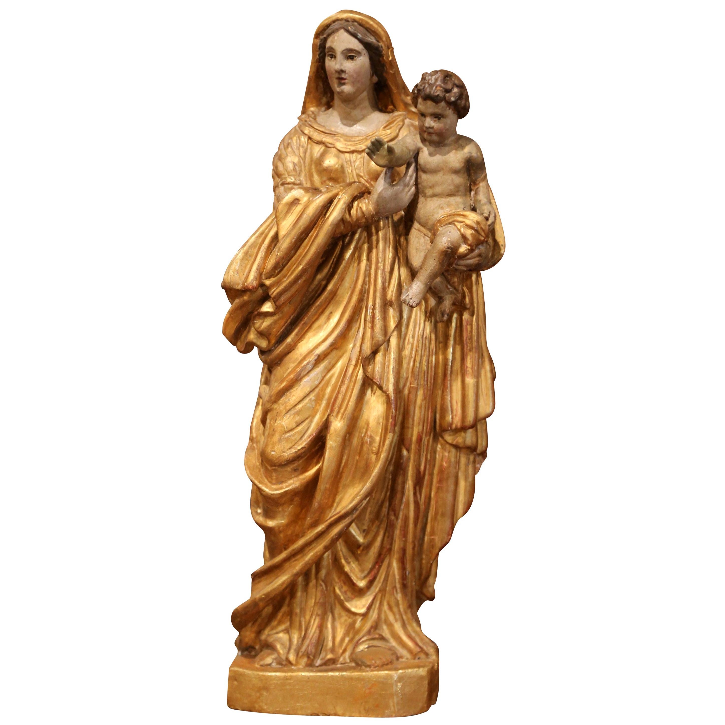 18th Century, French Carved Giltwood and Polychrome Statue of Mother and Child