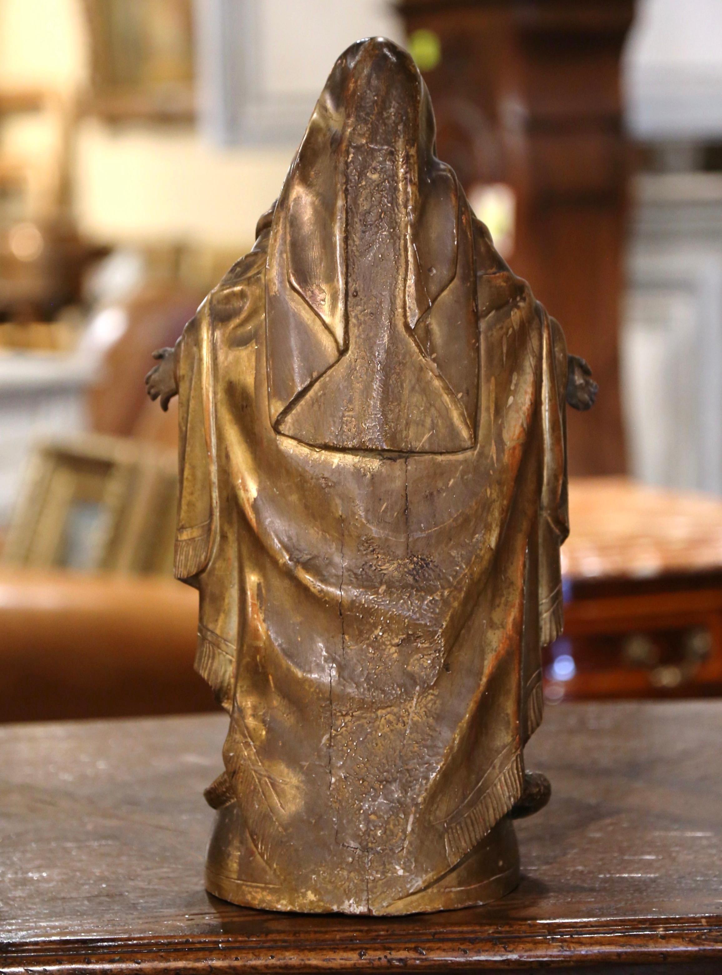 18th Century French Carved Giltwood Virgin Mary Statue with Glass Eyes on Globe For Sale 2