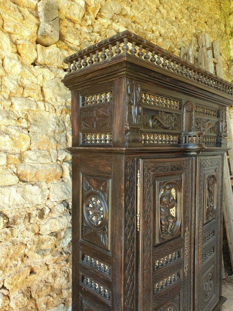 Hand-Carved 18th Century French Carved Oak Breton Wardrobe