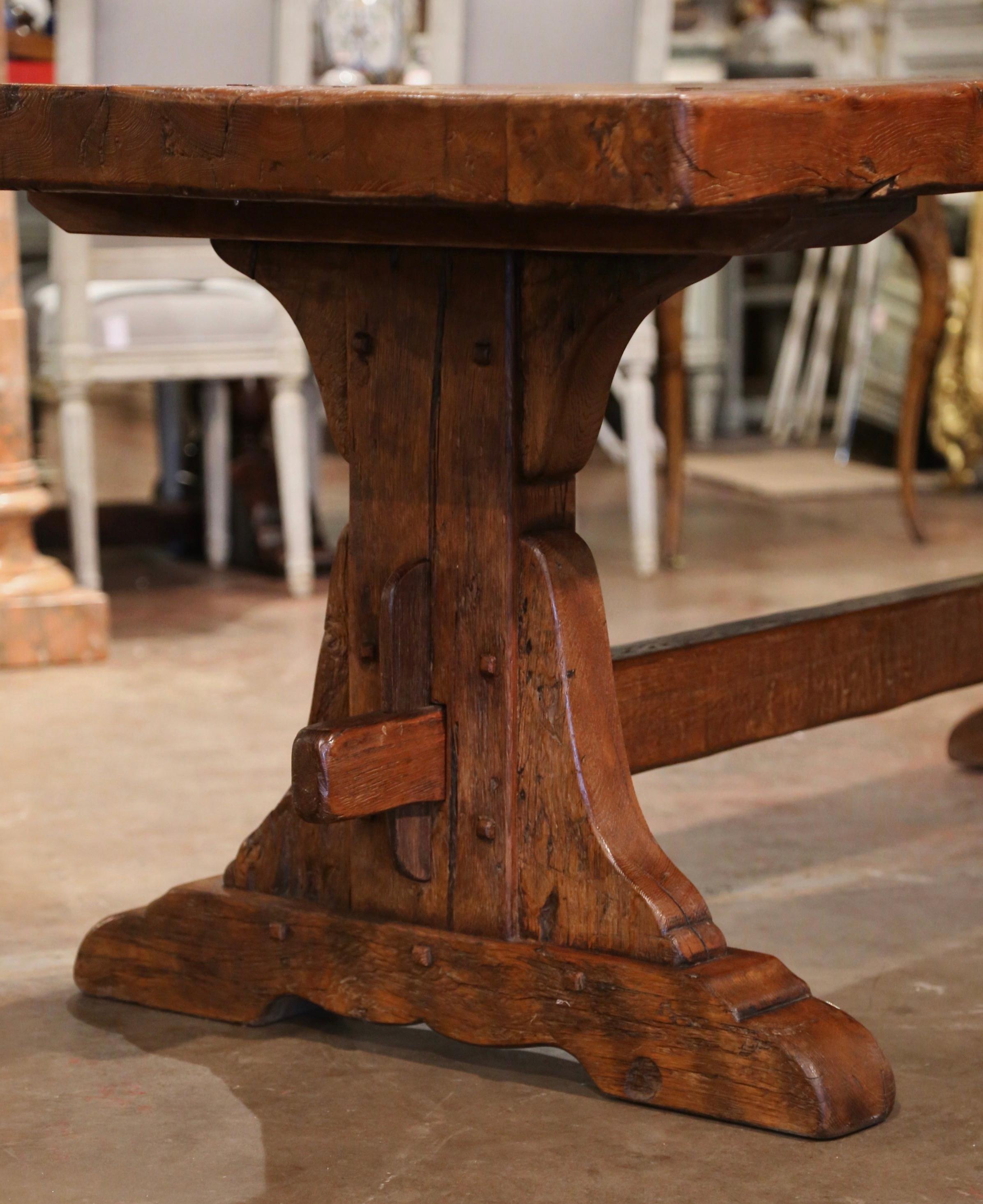 18th Century French Carved Oak Farm Trestle Table from Normandy In Excellent Condition In Dallas, TX