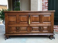 19th Century French Carved Oak Mule Chest Bench Coffer Trunk Table Pegged