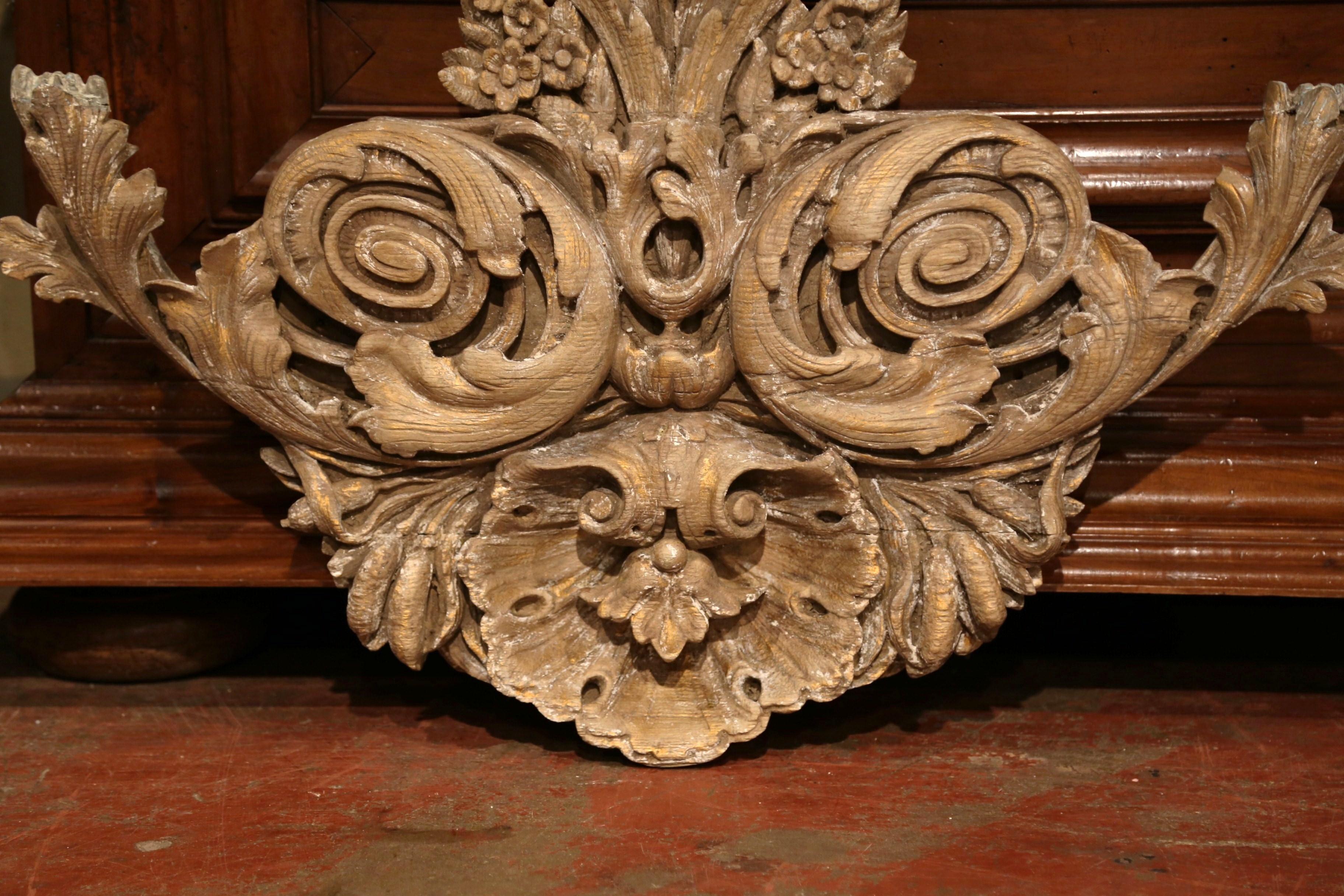 Louis XV 18th Century French Carved Oak Painted and Gilt Wall Sculpture with Shell Motif