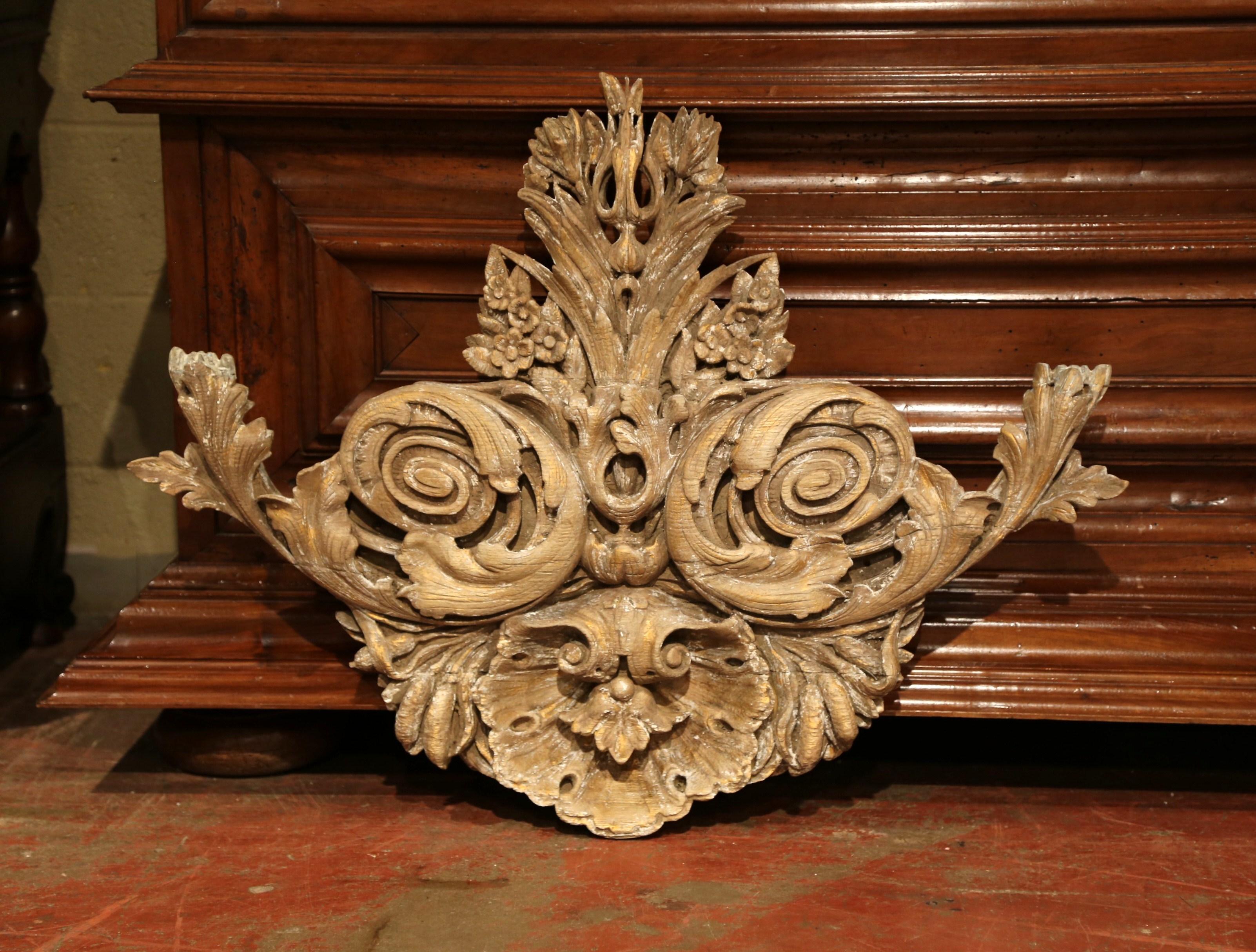 Hand-Carved 18th Century French Carved Oak Painted and Gilt Wall Sculpture with Shell Motif