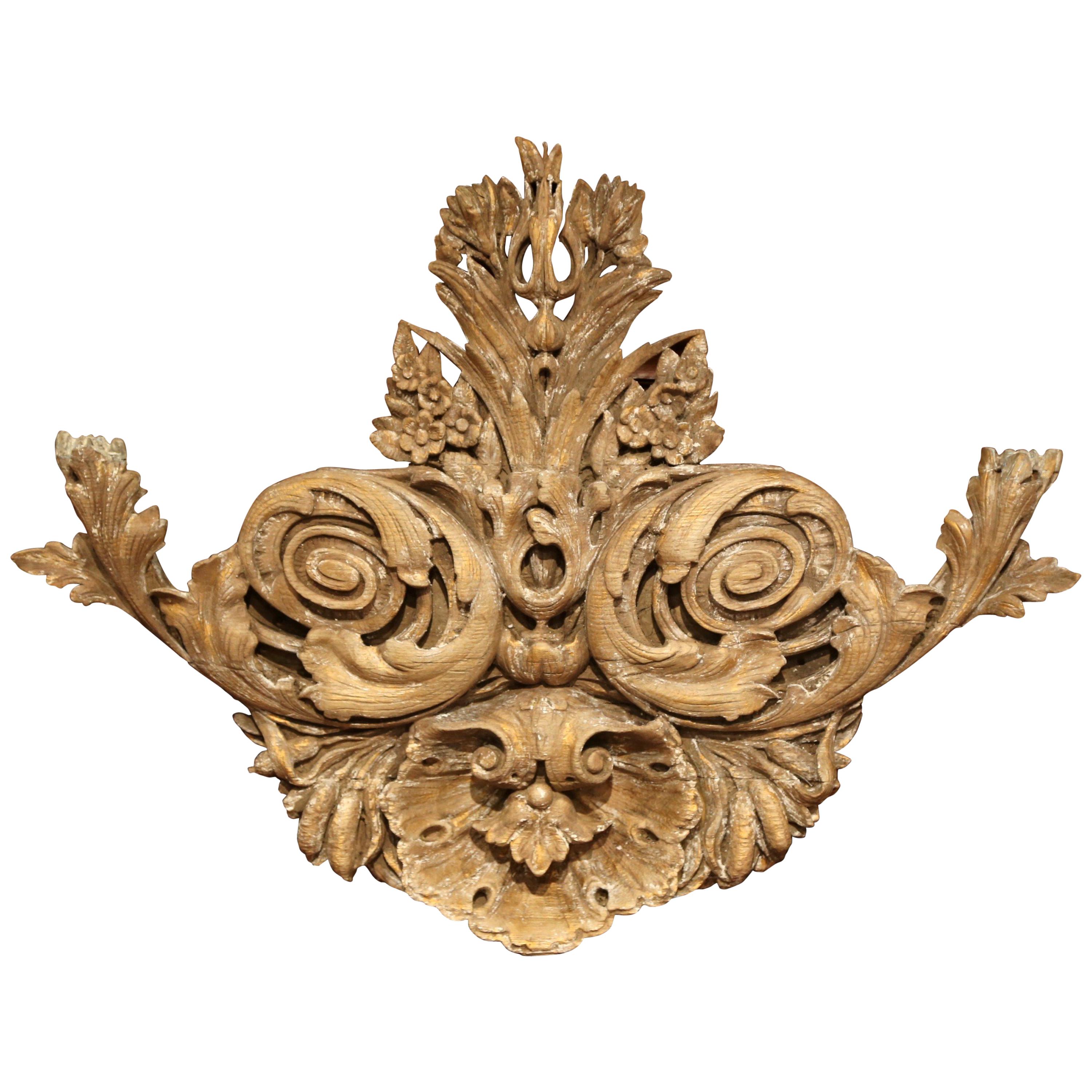 18th Century French Carved Oak Painted and Gilt Wall Sculpture with Shell Motif