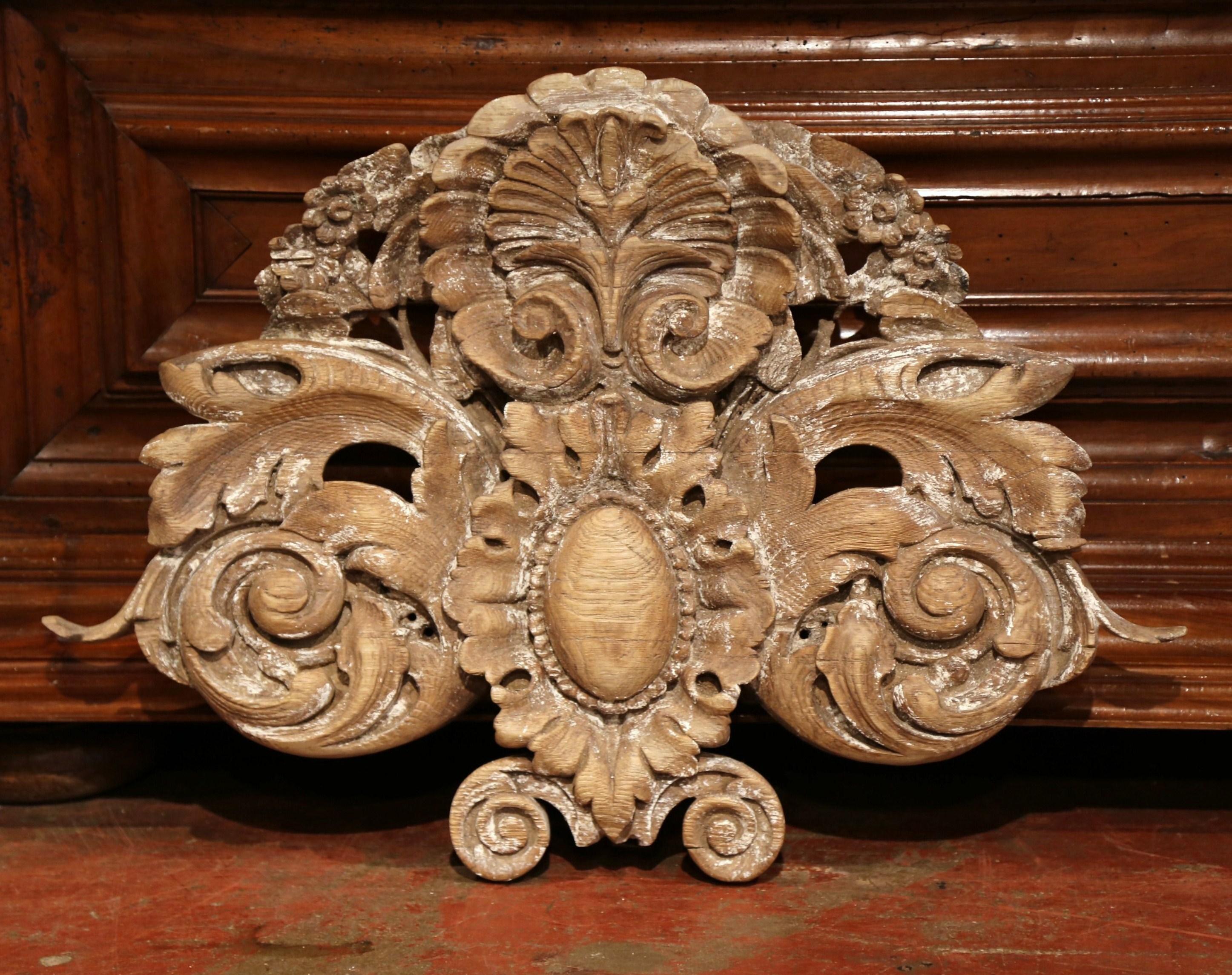 Hand-Carved 18th Century French Carved Oak Painted Wall Sculpture with Center Shell Motif