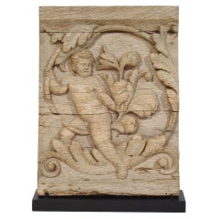 Antique 18th Century French Carved Oak Panel Depicting An Angel On An Acanthus Curl