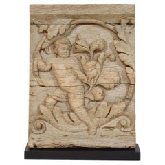 18th Century French Carved Oak Panel Depicting An Angel On An Acanthus Curl