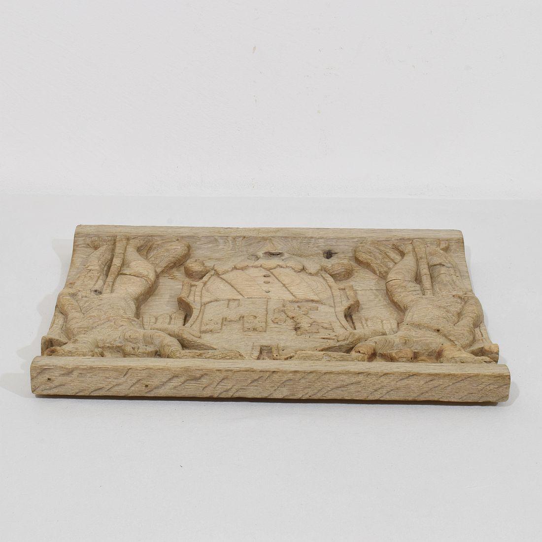 Pannello in quercia intagliato francese del XVIII secolo che raffigura due angeli con stemma in vendita 9