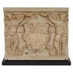 18th Century French Carved Oak Panel Depicting Two Angel With Coat Of Arms