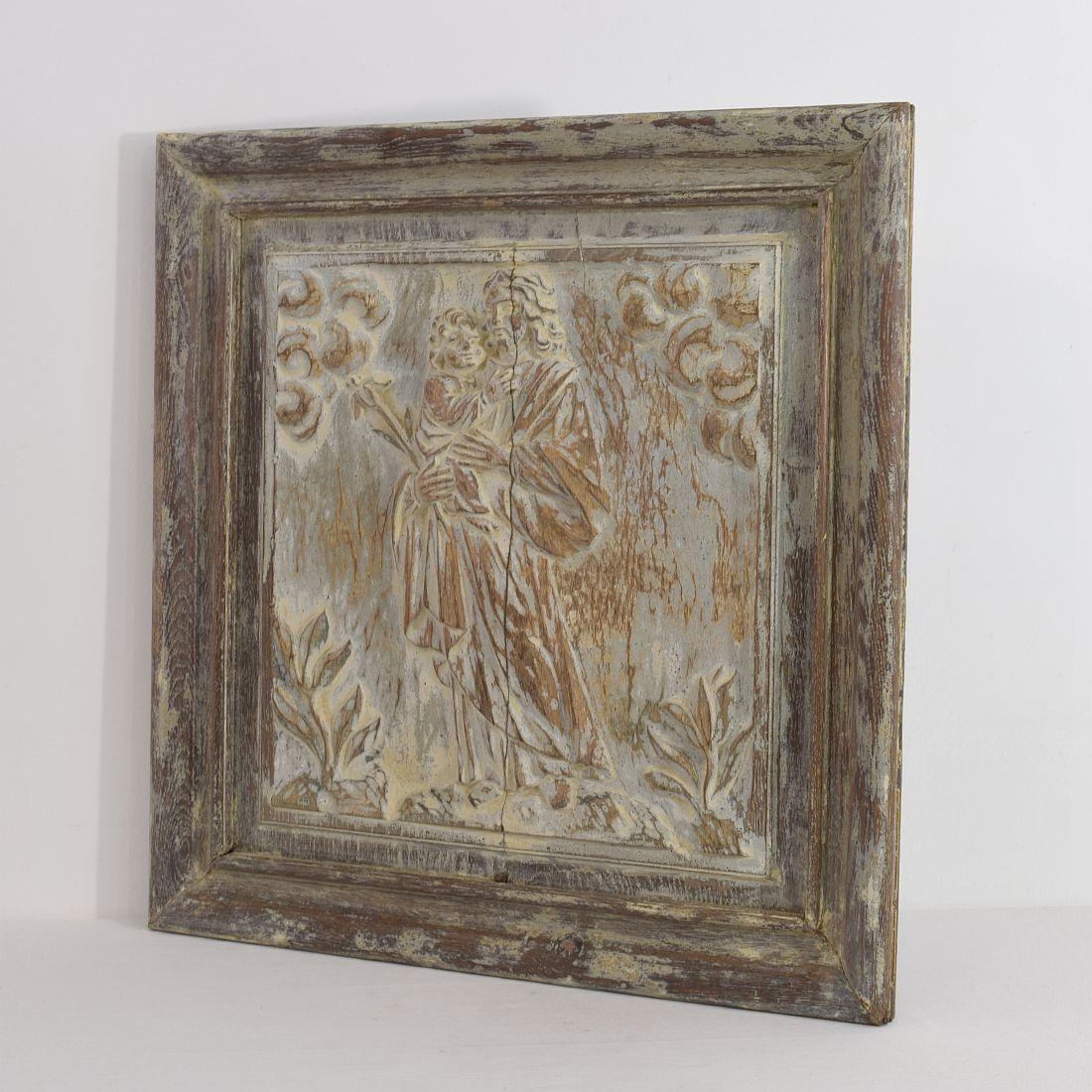 Hand-Carved 18th Century French Carved Oak Panel Representing Joseph with Baby Jesus