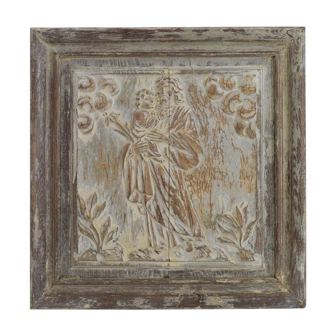18th Century French Carved Oak Panel Representing Joseph with Baby Jesus