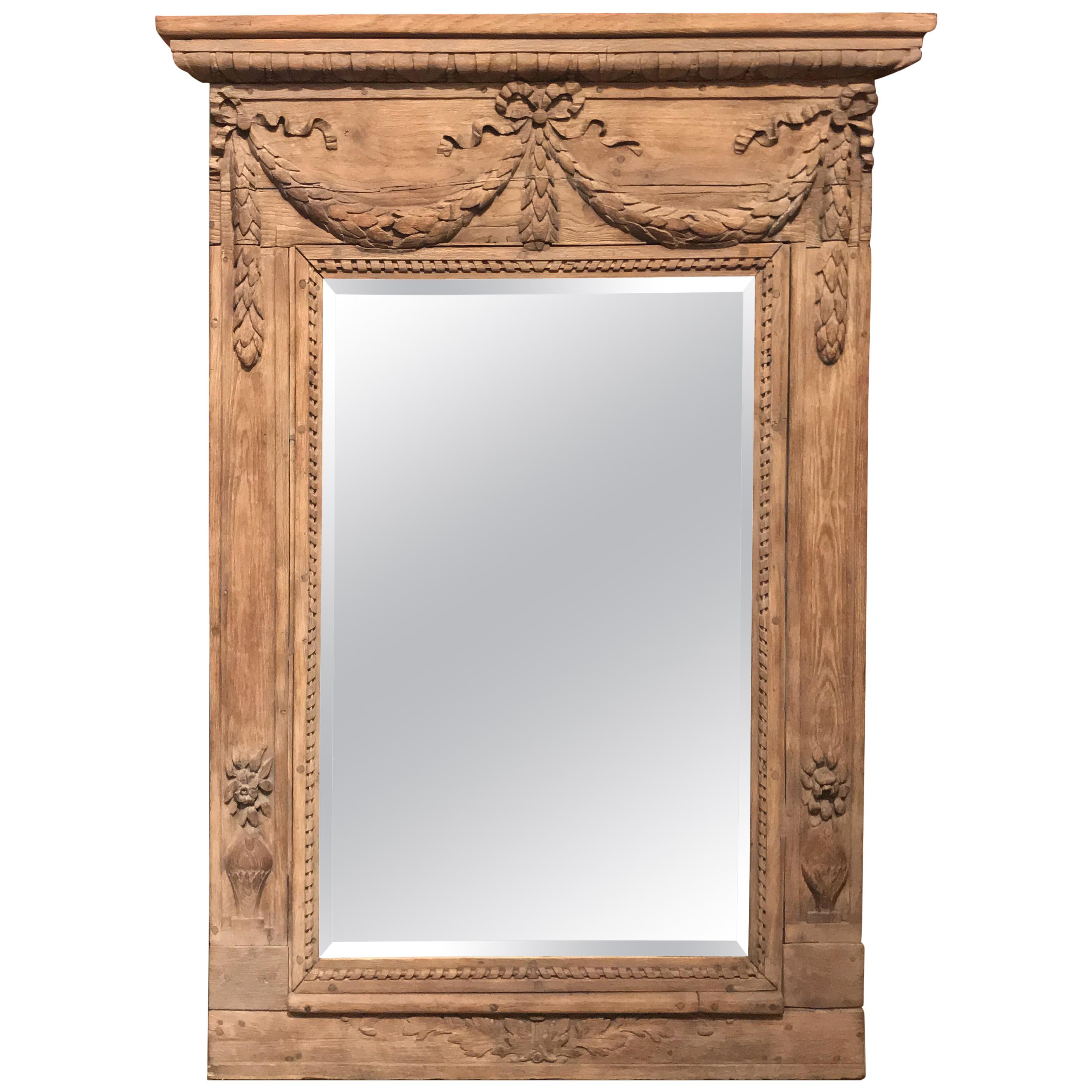 18th Century French Carved Oak Wall Mirror with Swag Decoration