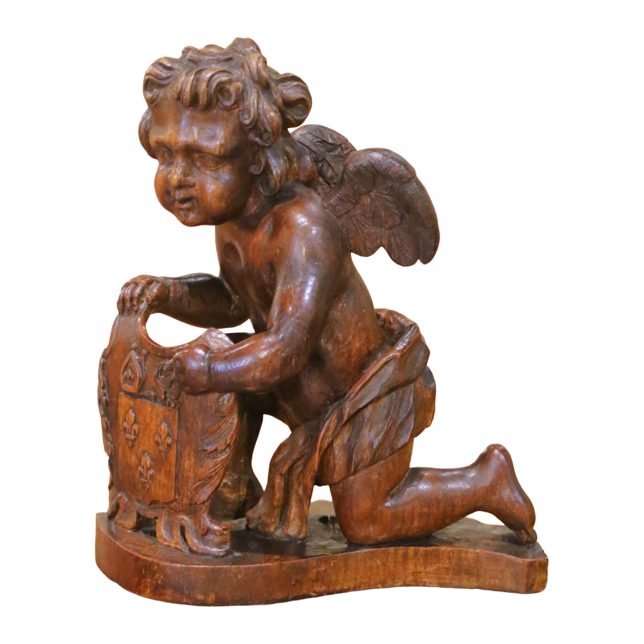 18th Century French Carved Oak Winged Putto with Fleur-de-Lys Heraldic Shield For Sale