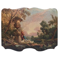 18th Century French Carved Pastoral Scene Oil on Canvas Trumeau Painting