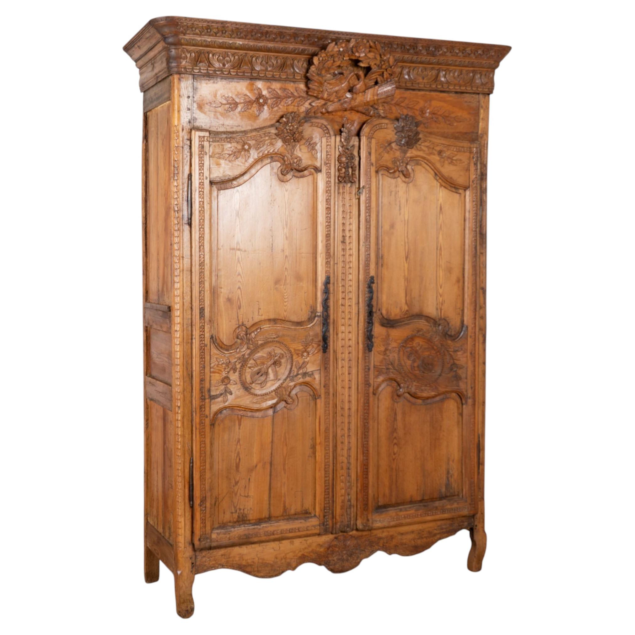 18th Century French Carved Pine Two Door Wedding Armoire Cabinet