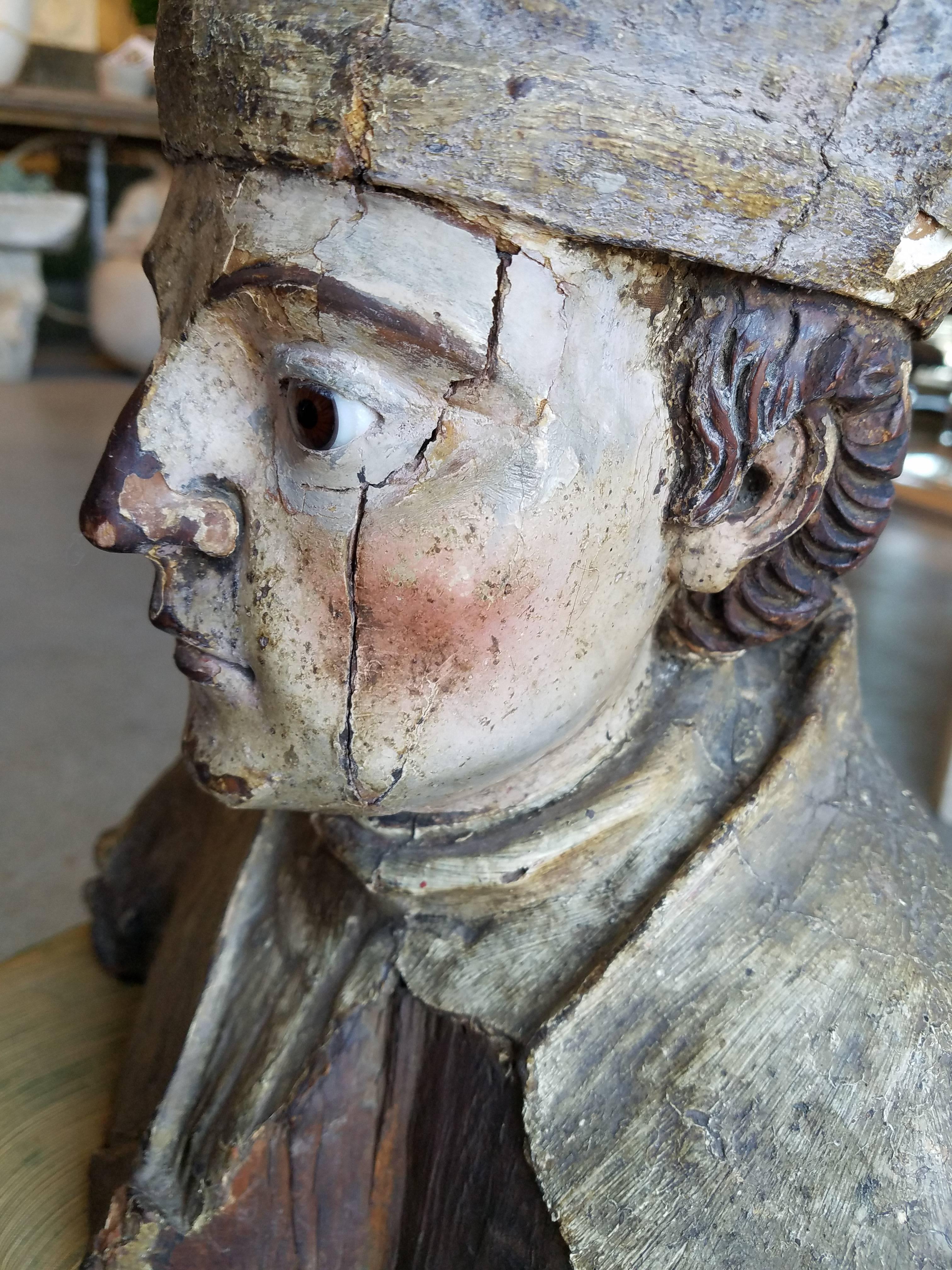 18th Century and Earlier 18th Century French Carved Polychromed Bishop Figurative Statue with Glass Eyes