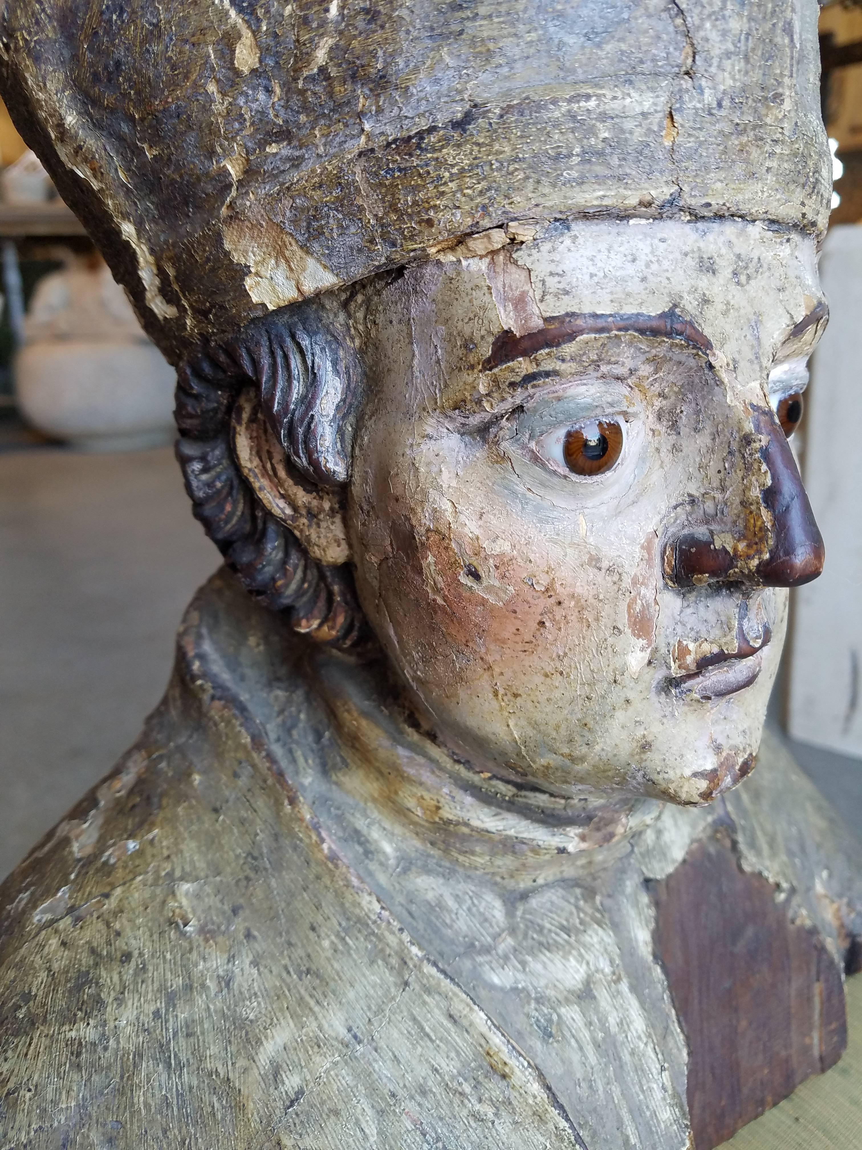 18th Century French Carved Polychromed Bishop Figurative Statue with Glass Eyes 1