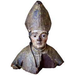 18th Century French Carved Polychromed Bishop Figurative Statue with Glass Eyes