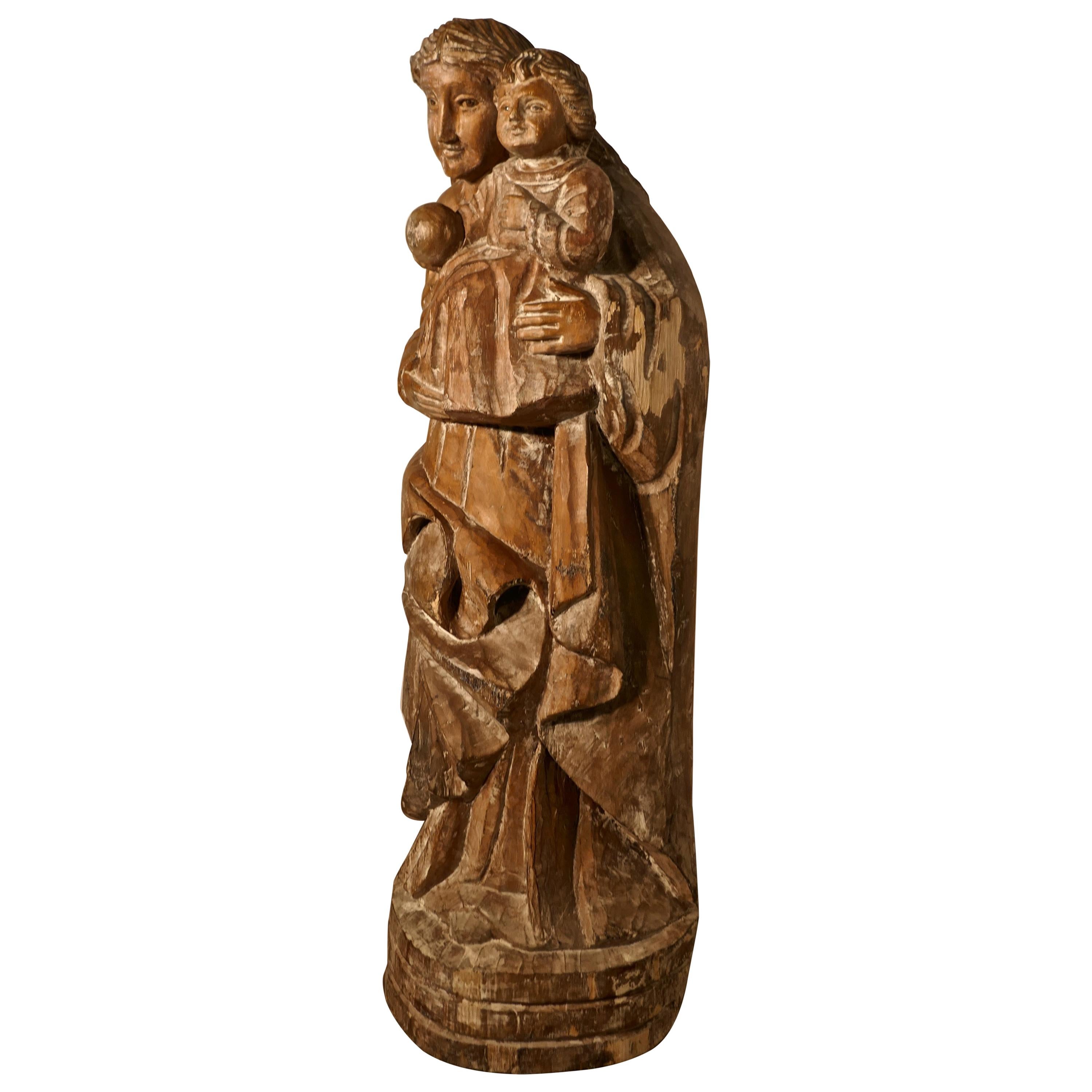 18th Century French Carved Statue of Madonna and Child