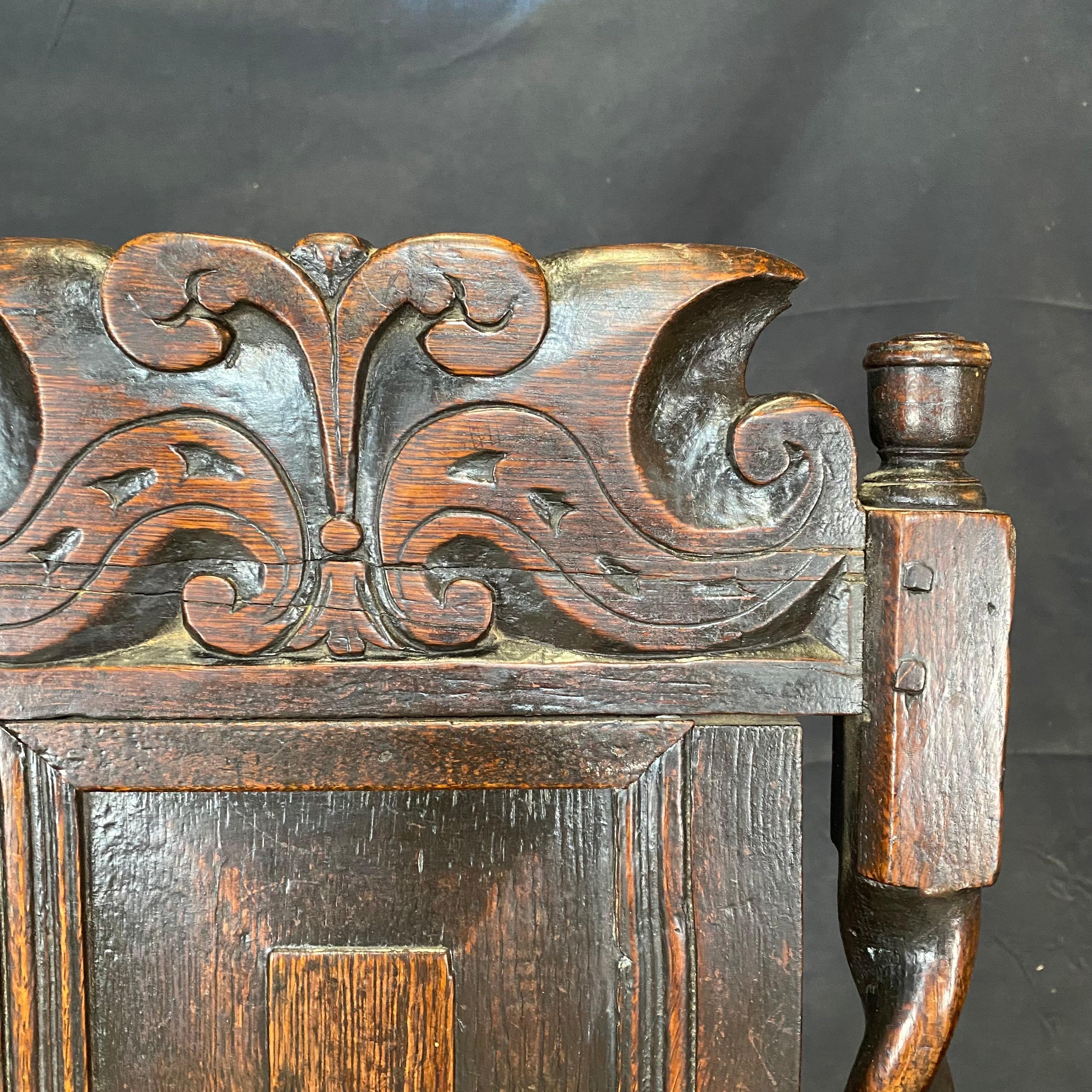 18th Century French Carved Tall Back Barley Twist Plank Seat Oak Chair 6