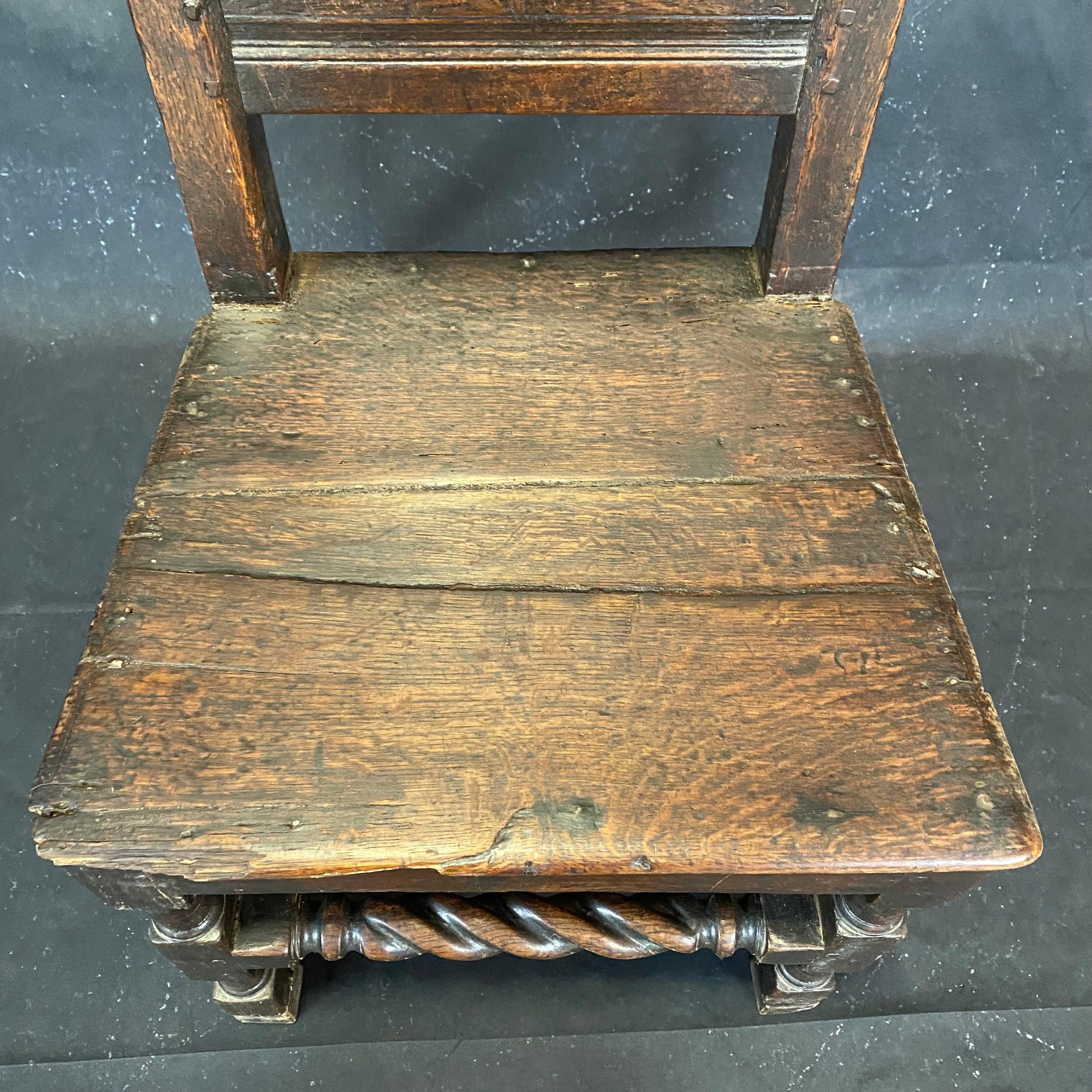 18th Century French Carved Tall Back Barley Twist Plank Seat Oak Chair 7