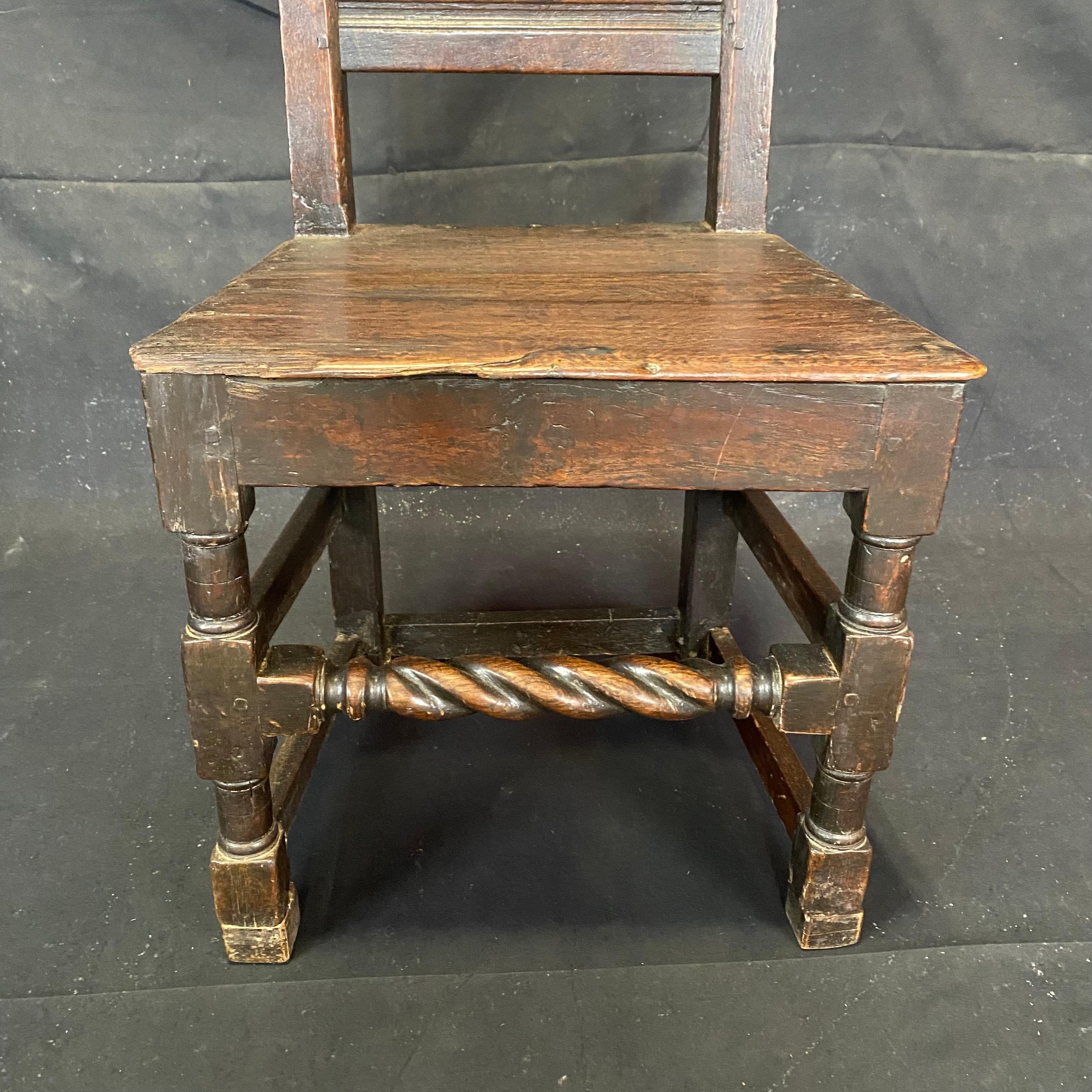 18th Century French Carved Tall Back Barley Twist Plank Seat Oak Chair 8