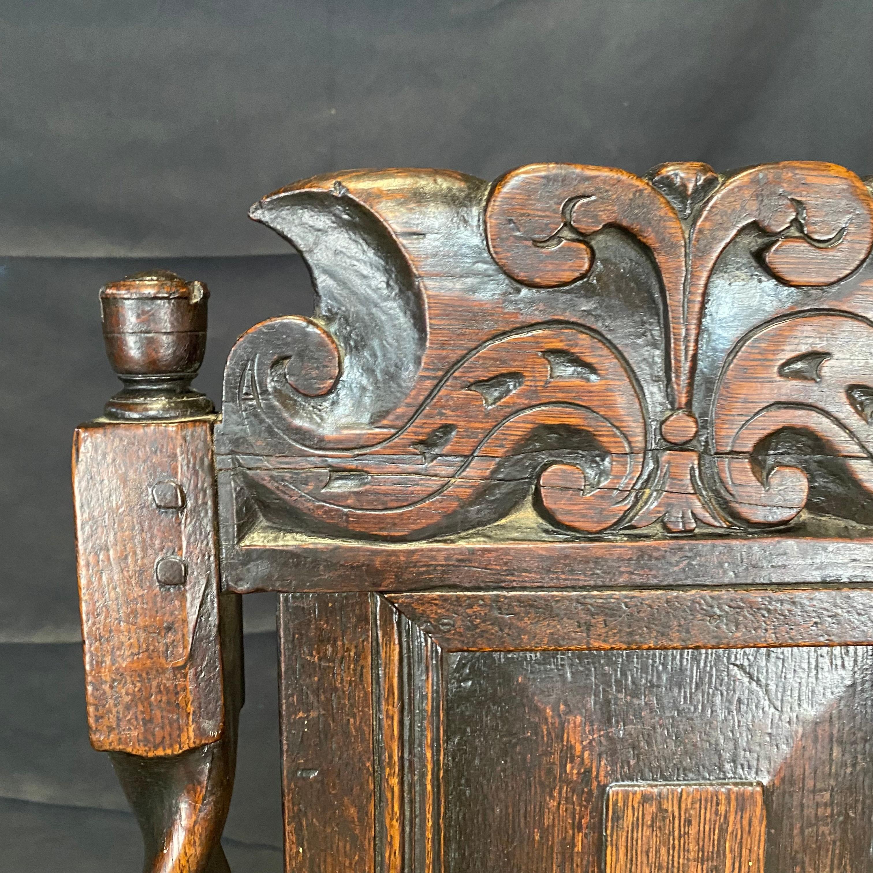 18th Century French Carved Tall Back Barley Twist Plank Seat Oak Chair In Good Condition In Hopewell, NJ