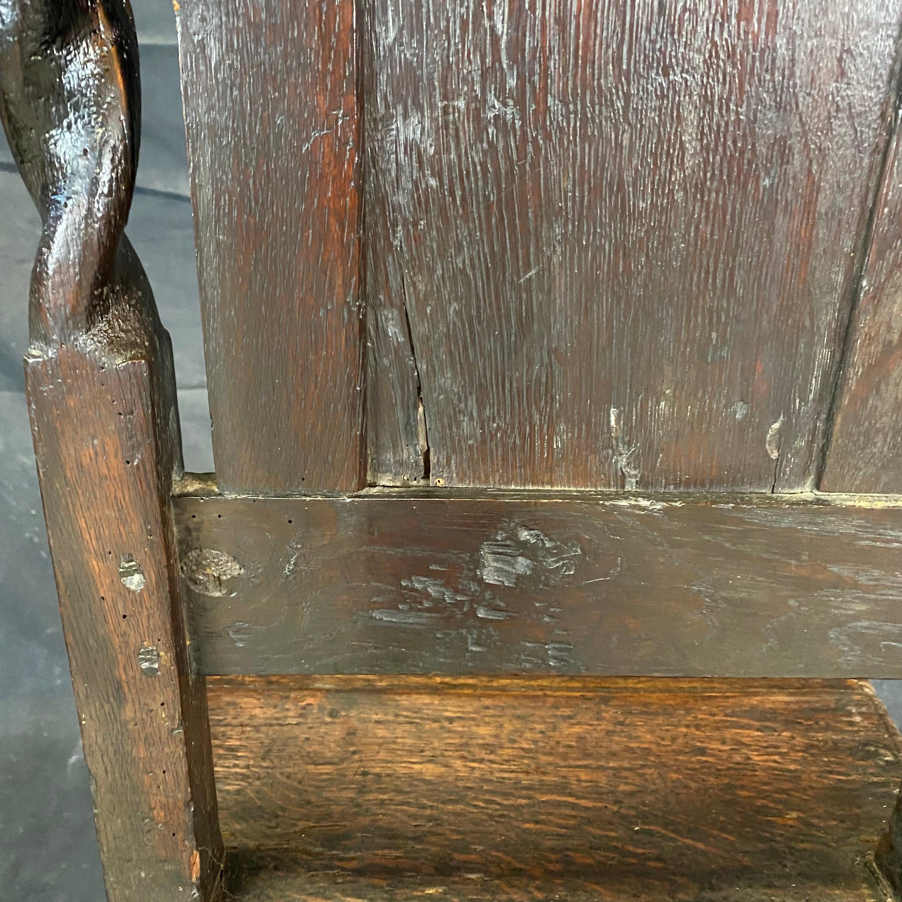 18th Century French Carved Tall Back Barley Twist Plank Seat Oak Chair 4