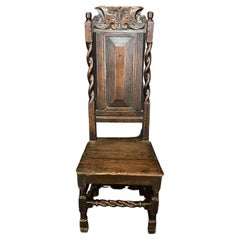18th Century French Carved Tall Back Barley Twist Plank Seat Oak Chair