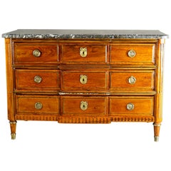 18th Century French Carved Walnut 
Bronze Banded Marble Top Commode