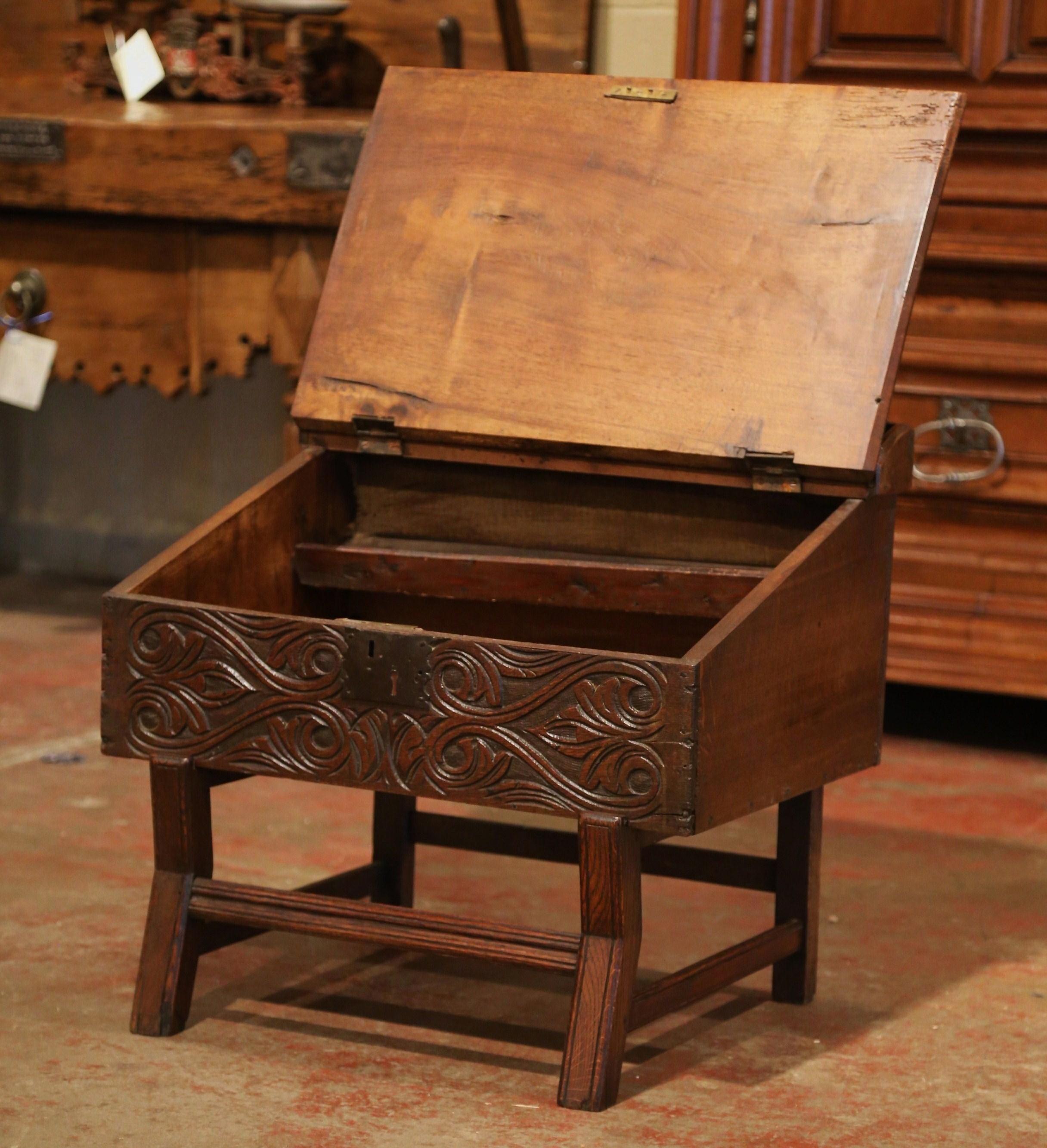 Louis XIV 18th Century French Carved Walnut Desk on Legs with Slant Top and Inside Storage For Sale