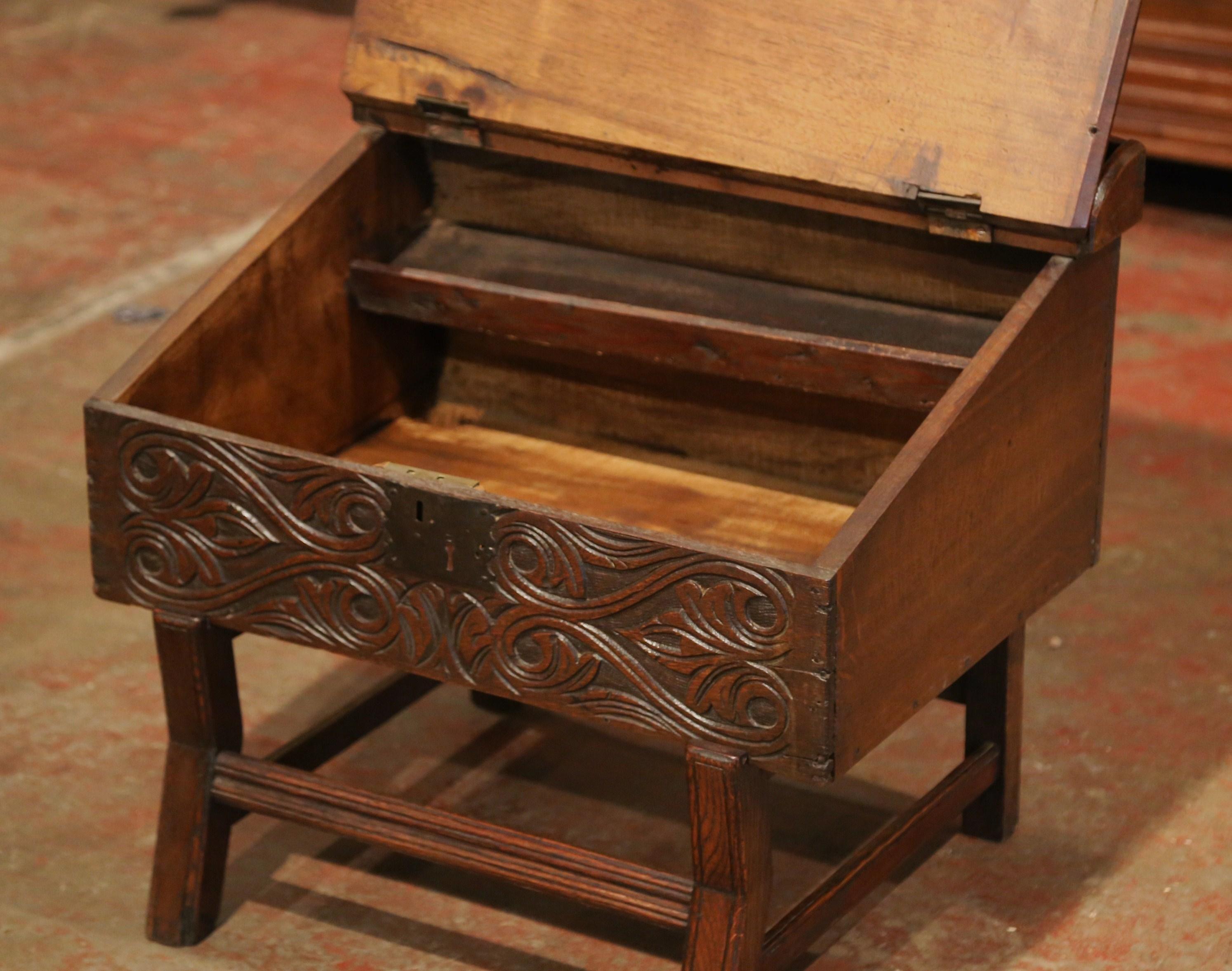 Patinated 18th Century French Carved Walnut Desk on Legs with Slant Top and Inside Storage For Sale
