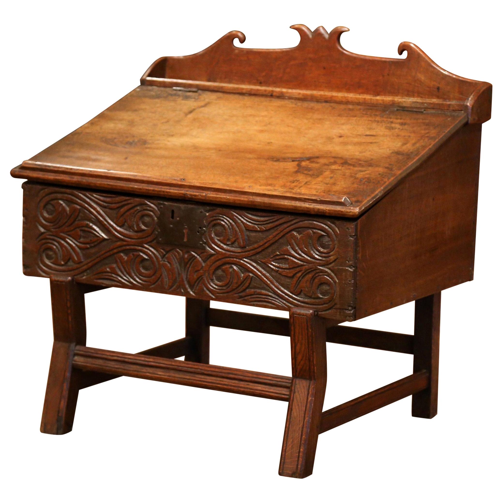 18th Century French Carved Walnut Desk on Legs with Slant Top and Inside Storage For Sale