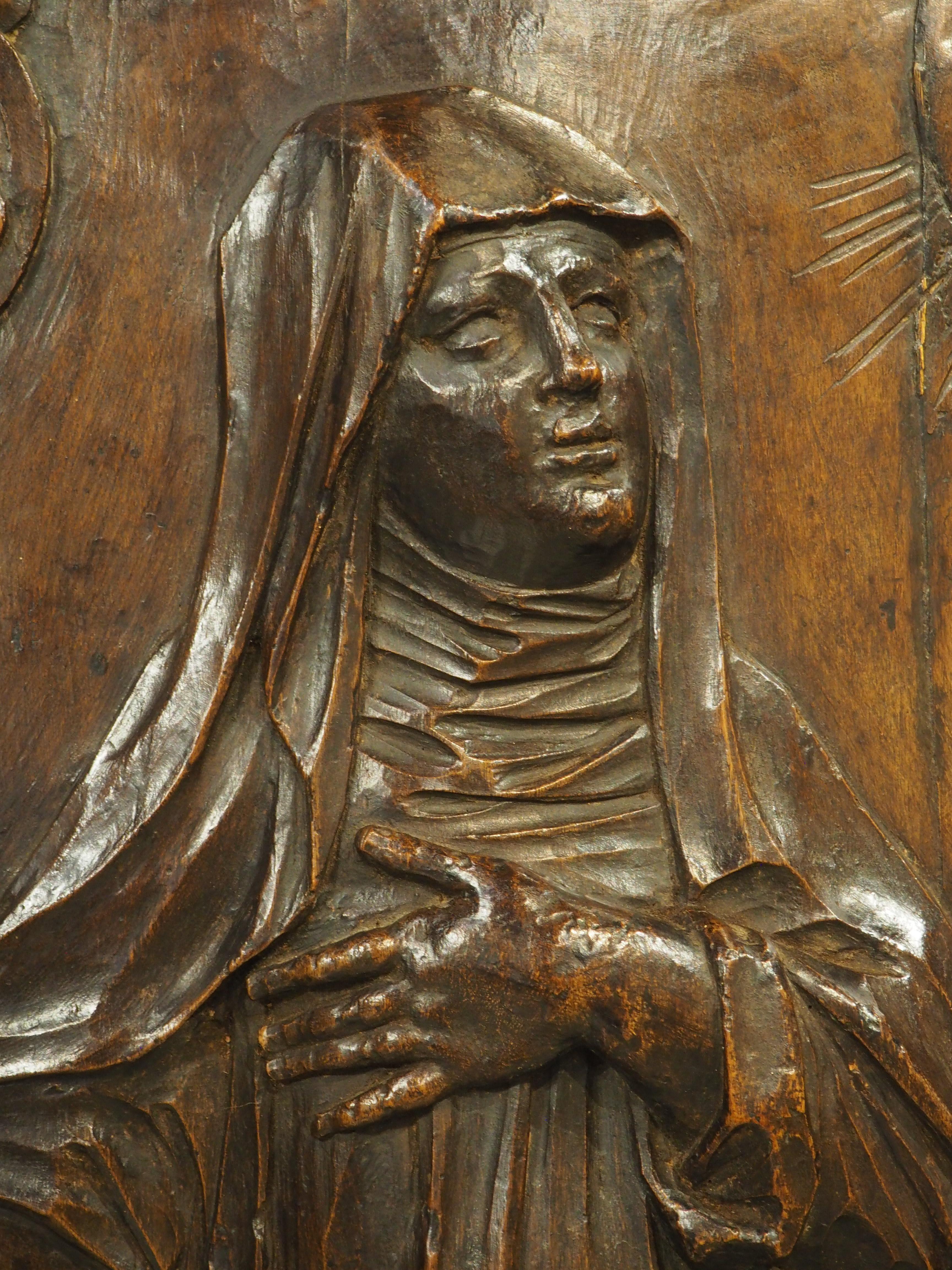 18th Century French Carved Walnut Panel of Saint Radegonde and The Grand’Goule For Sale 4