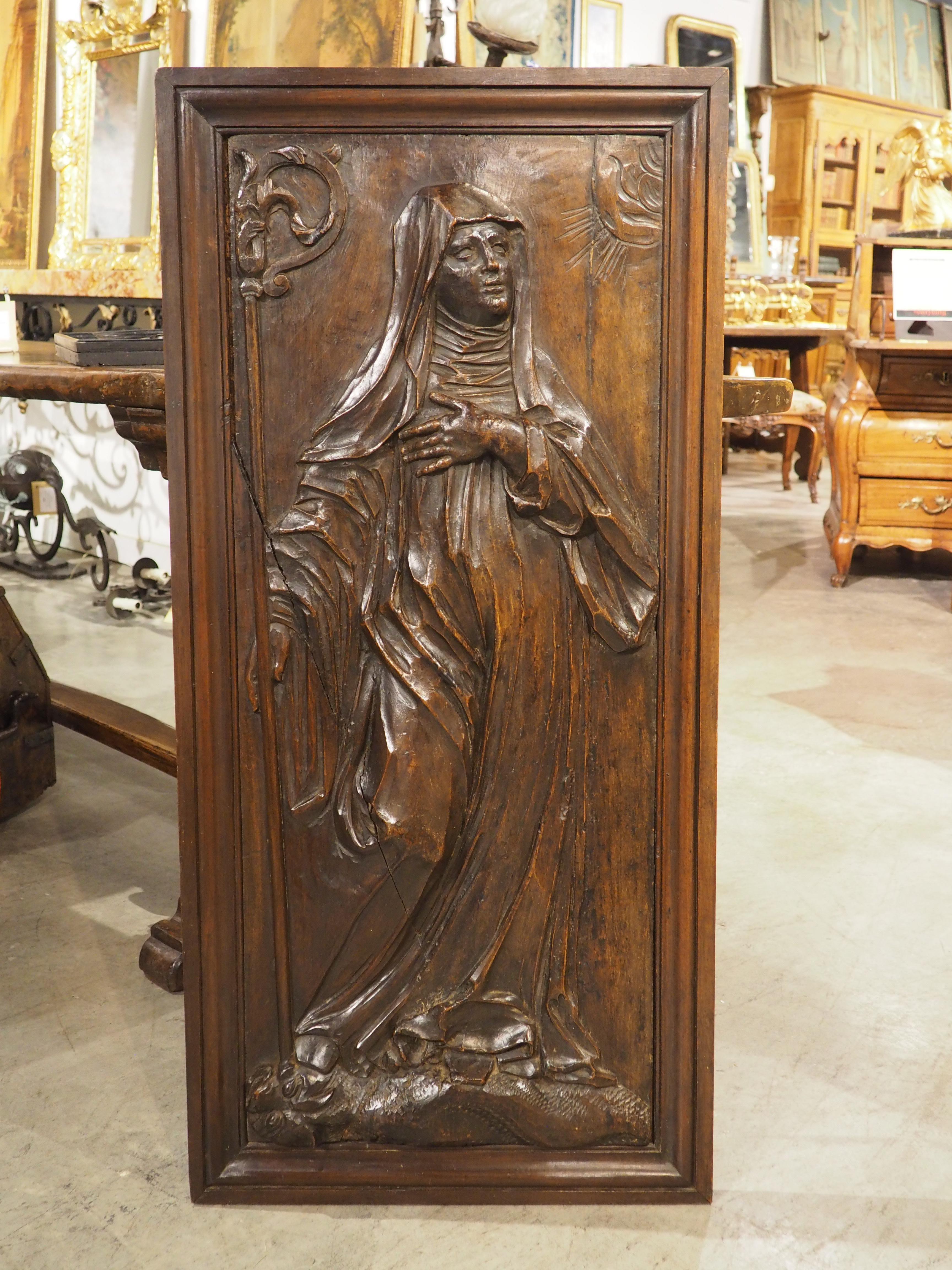 18th Century French Carved Walnut Panel of Saint Radegonde and The Grand’Goule For Sale 8