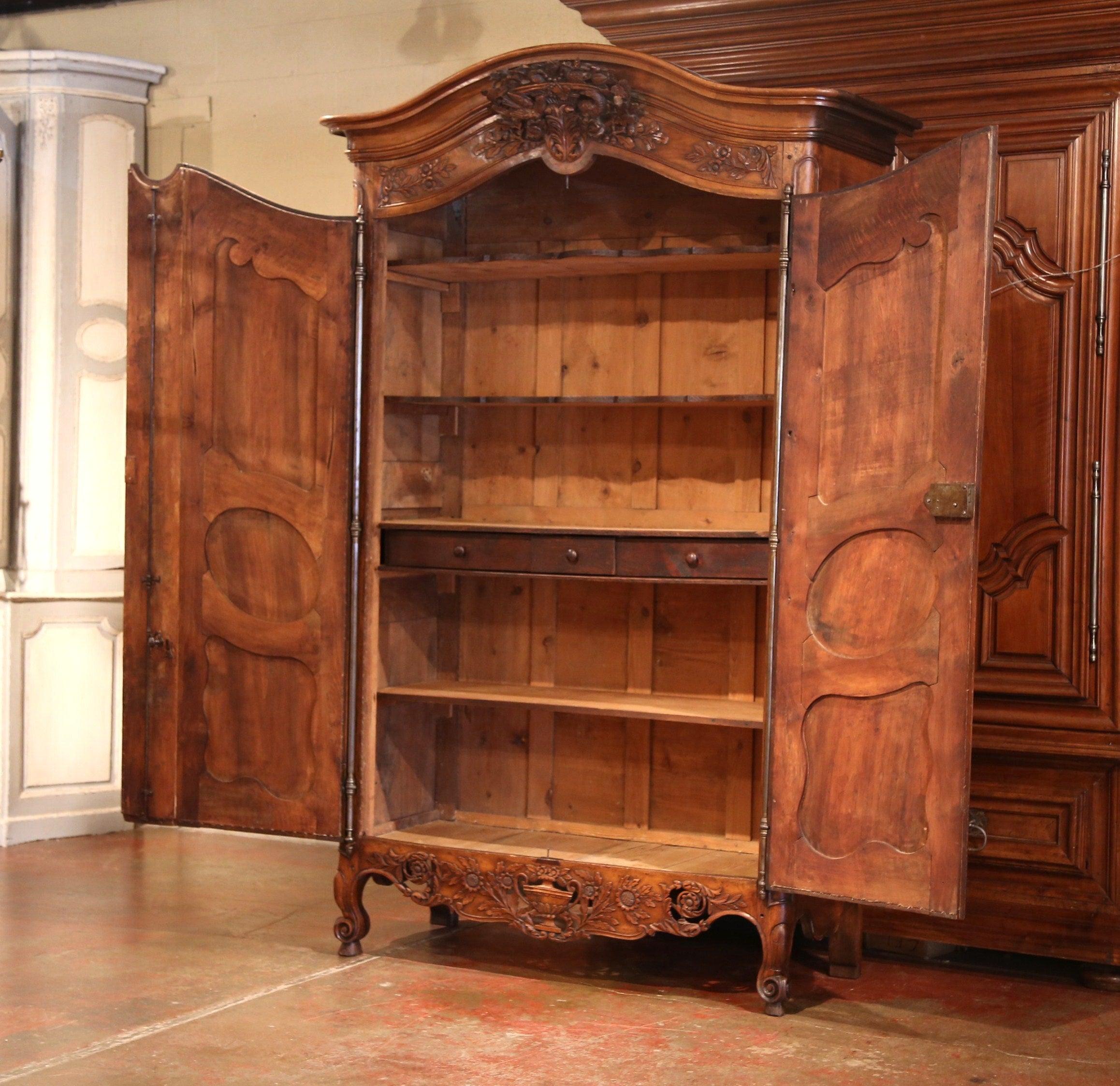 Hand-Carved 18th Century French Carved Walnut Wedding Armoire Cabinet from Provence
