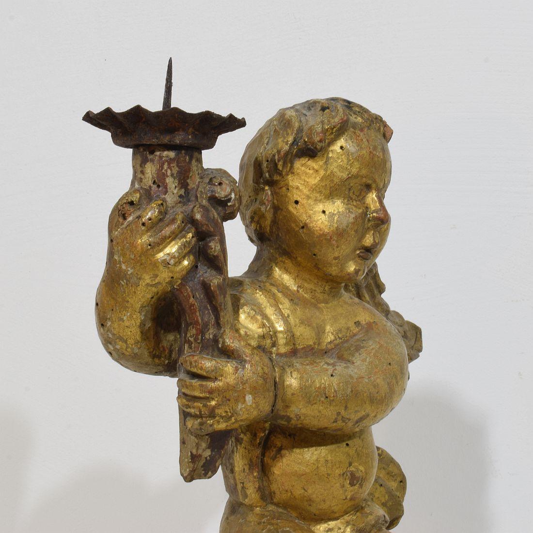 18th Century, French Carved Wood Baroque Angel with Candleholder For Sale 5