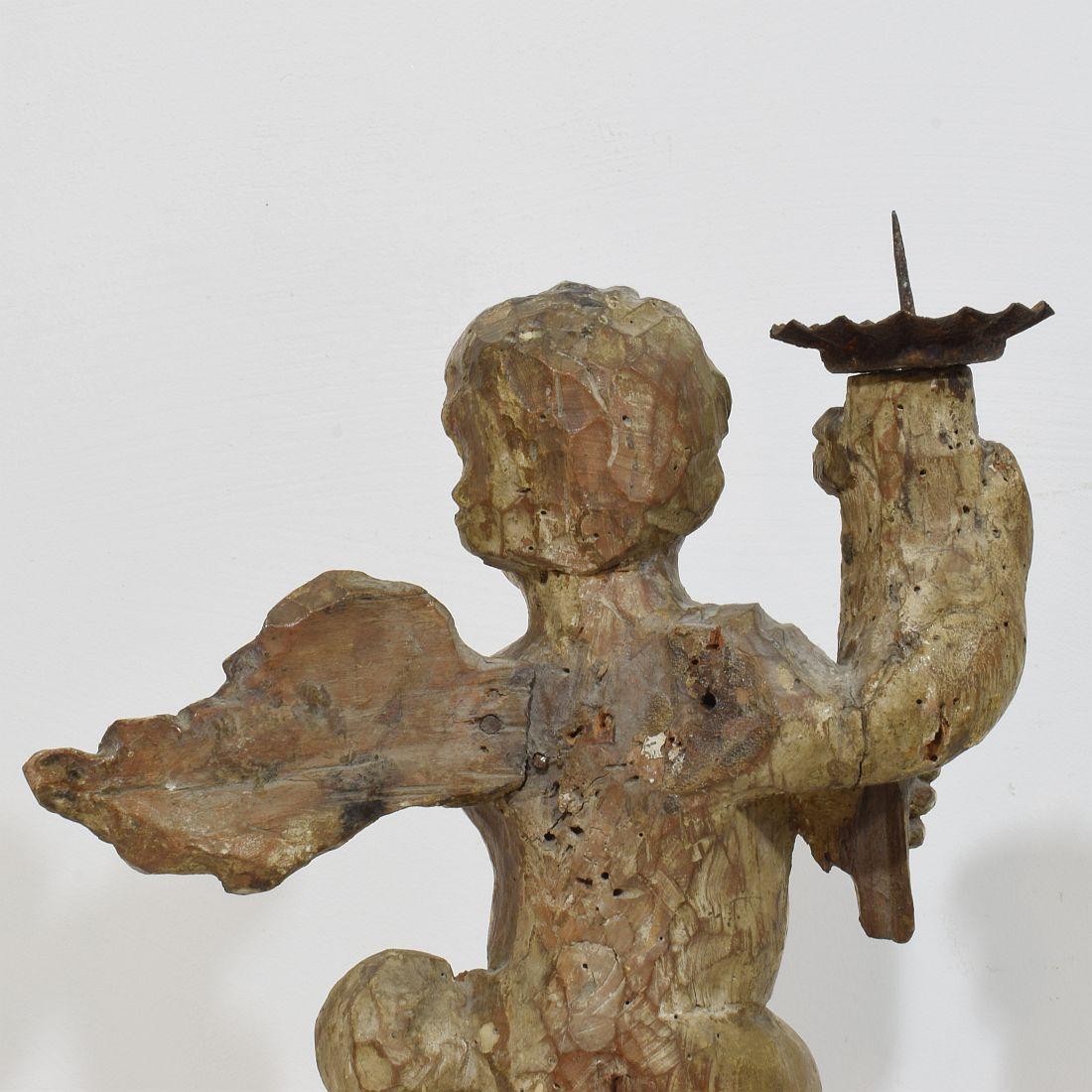 18th Century, French Carved Wood Baroque Angel with Candleholder For Sale 6