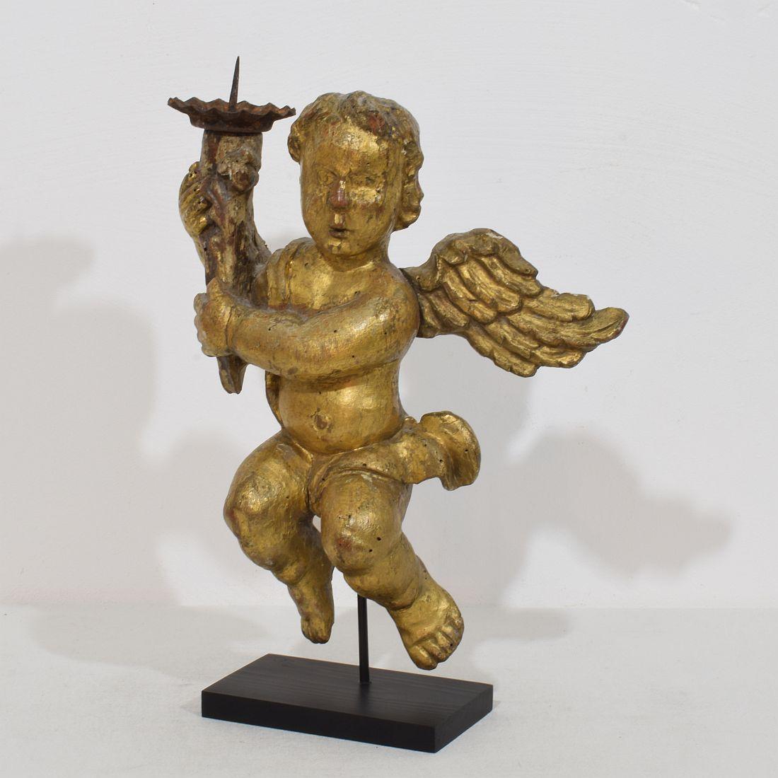 Hand-Carved 18th Century, French Carved Wood Baroque Angel with Candleholder For Sale